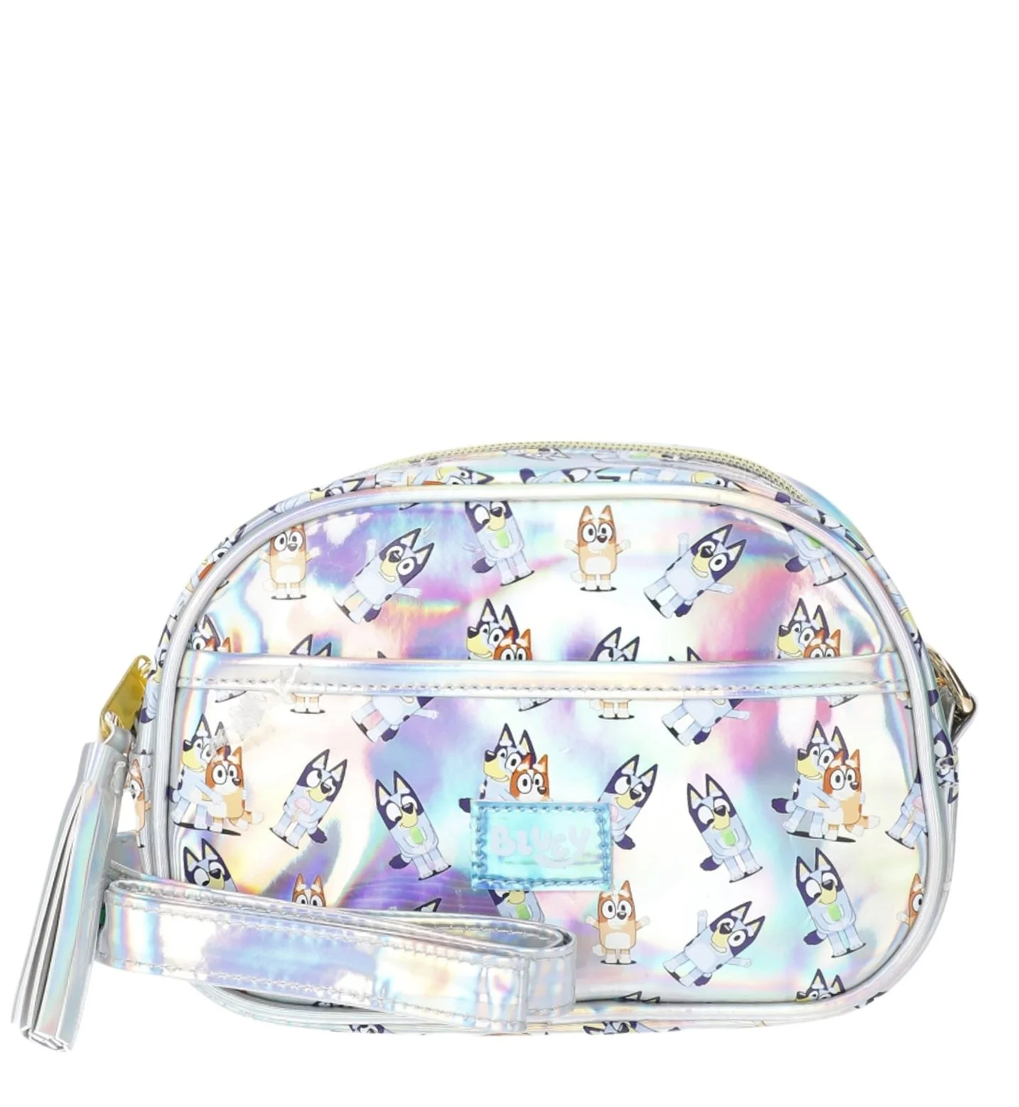 Bluey Holographic shoulder bag with cartoon dog print and blue label