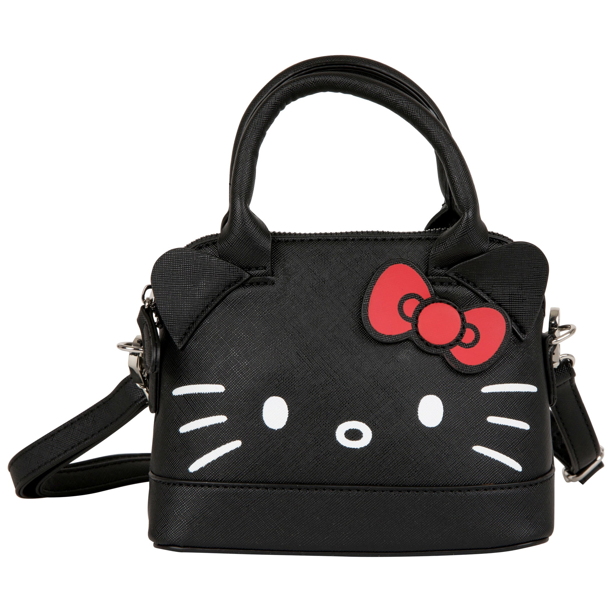 Hello Kitty Black handbag featuring a cartoon cat design with whiskers and a red bow. The bag has handles and a removable shoulder strap.