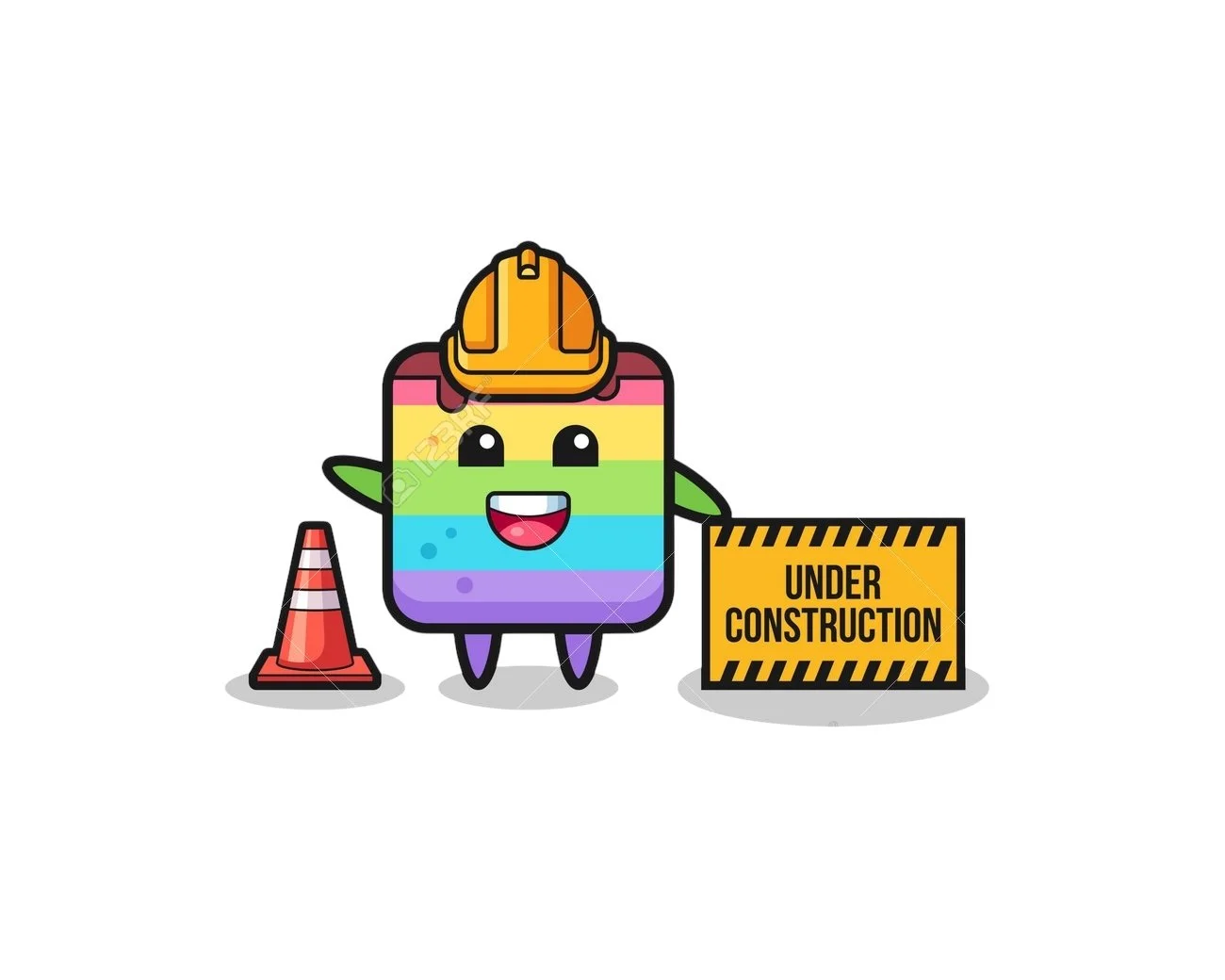 A cartoon character shaped like a rainbow-colored square with a smiling face, green arms, and purple legs, wearing a construction helmet, standing next to a traffic cone and an 'Under Construction' sign.