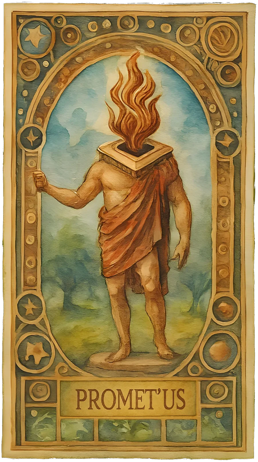 A tarot card depicting Prometheus with a head represented by flames, draped in a cloth, holding a torch, framed with celestial symbols, background of a landscape with trees and sky.