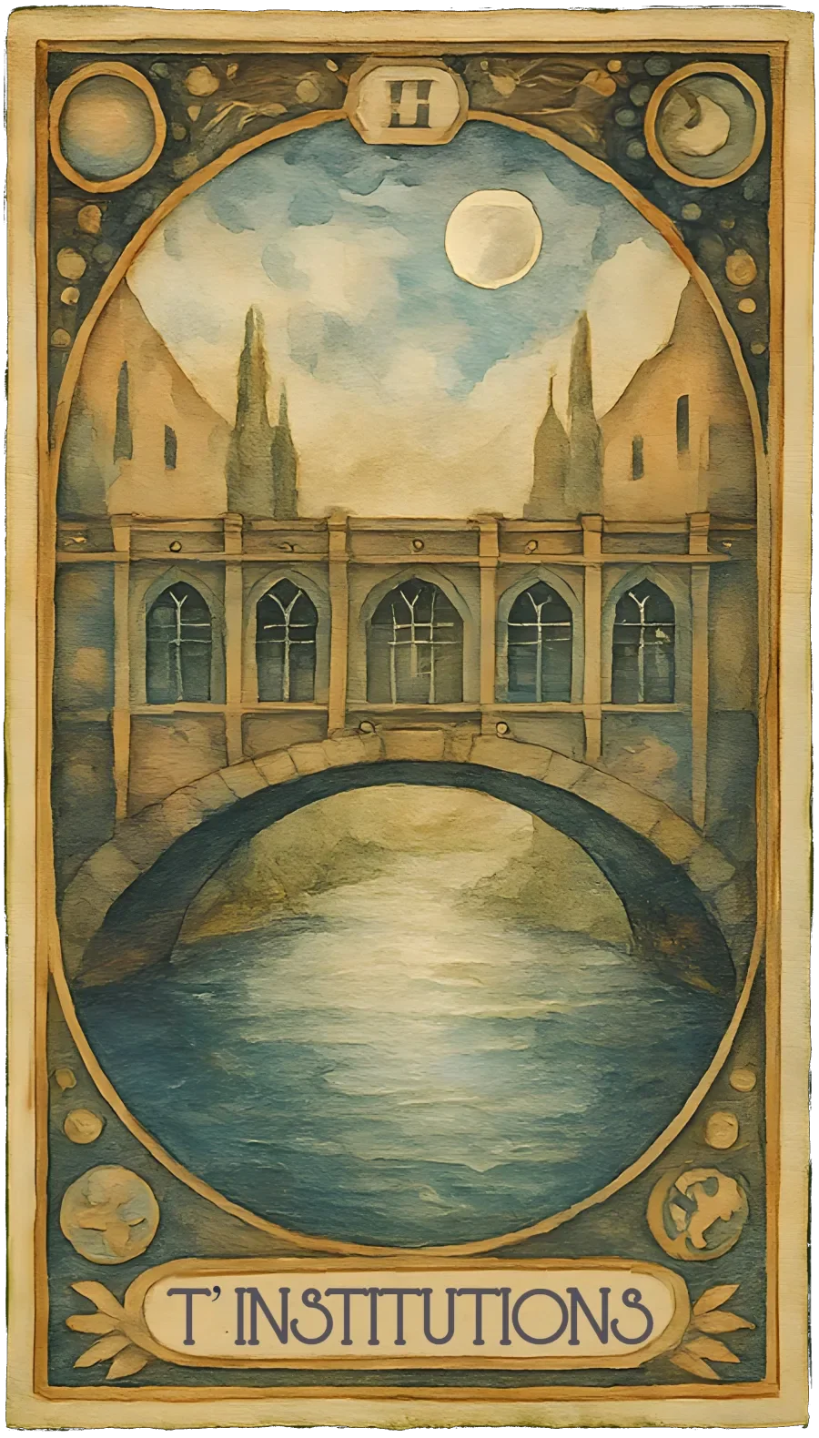 Tarot card titled "T'INSTITUTIONS" featuring a castle with spires over a bridge and a body of water, with moon and starry sky in the background.
