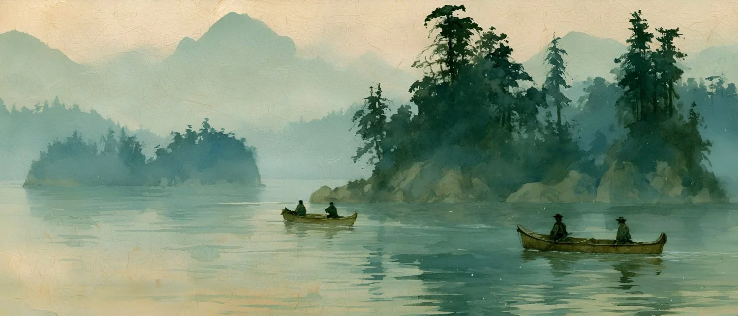 First Crossing: A serene watercolour depicting two canoes in the Inside Passage on a misty morning.