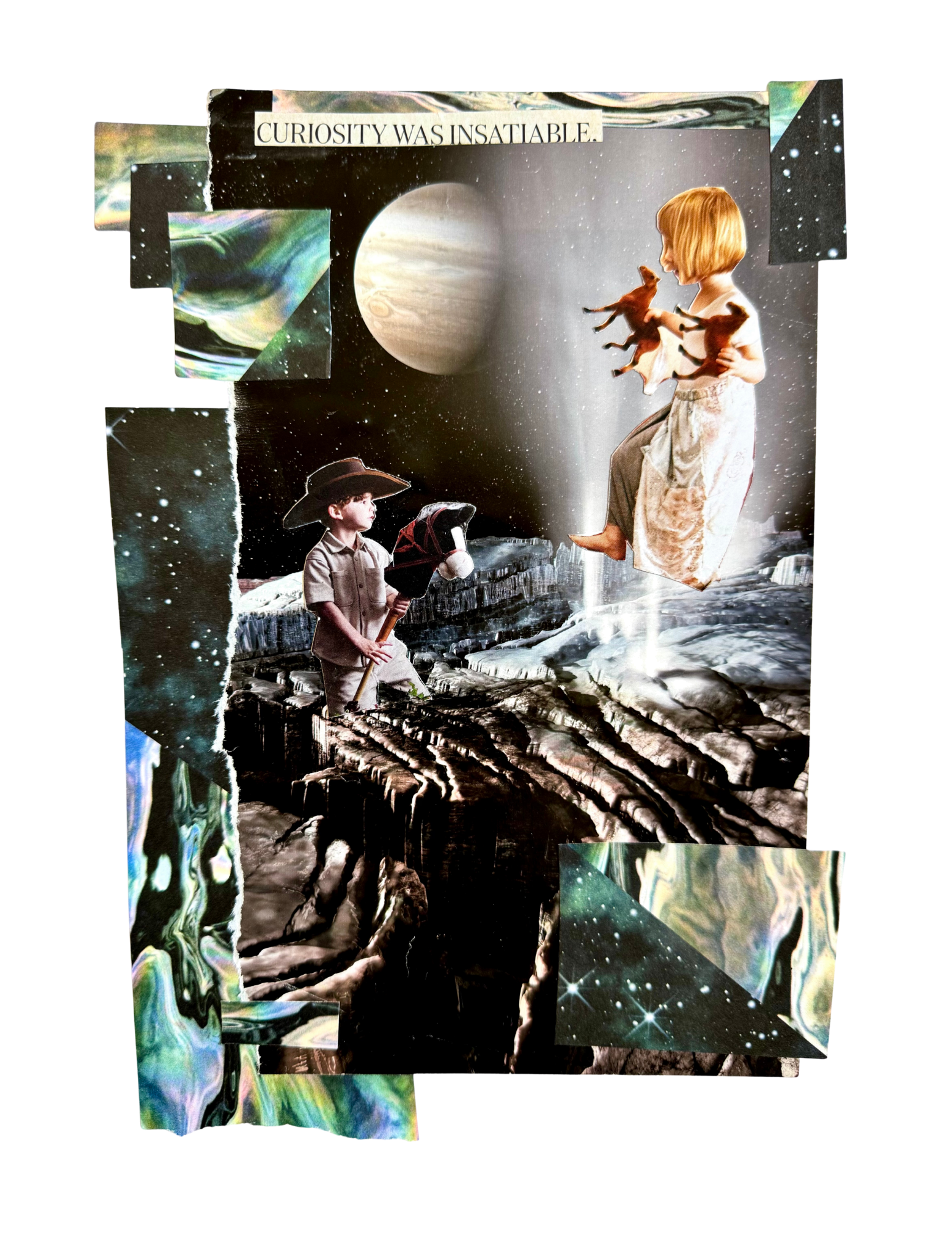 Surreal collage featuring a young boy in explorer attire holding a dog, a floating girl with blonde hair, planets, stars, and cosmic elements with the phrase 'Curiosity was insatiable' at the top.