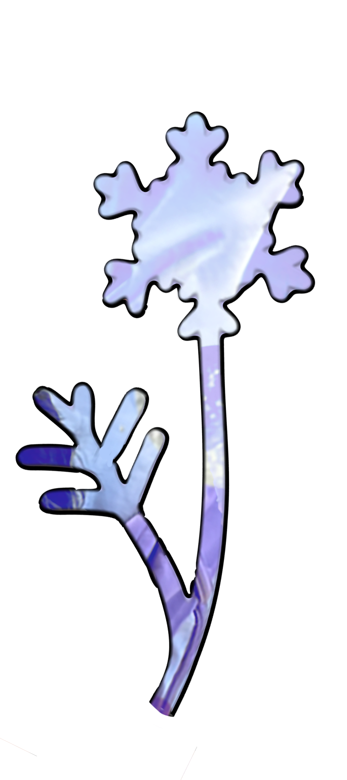 A stylized illustration of a snowflake-shaped flower with a blue, purple, and white color scheme, featuring a stem and a hand with three fingers at the bottom.