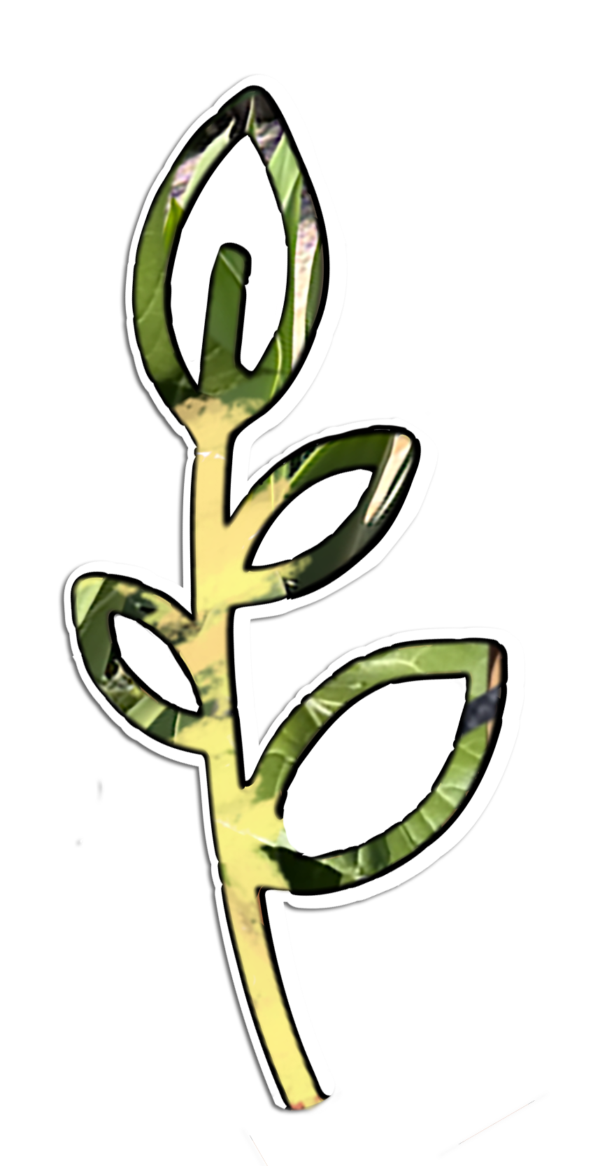 An artistic digital illustration of a plant with a yellow stem and green leaves, outlined in white, set against a black background.