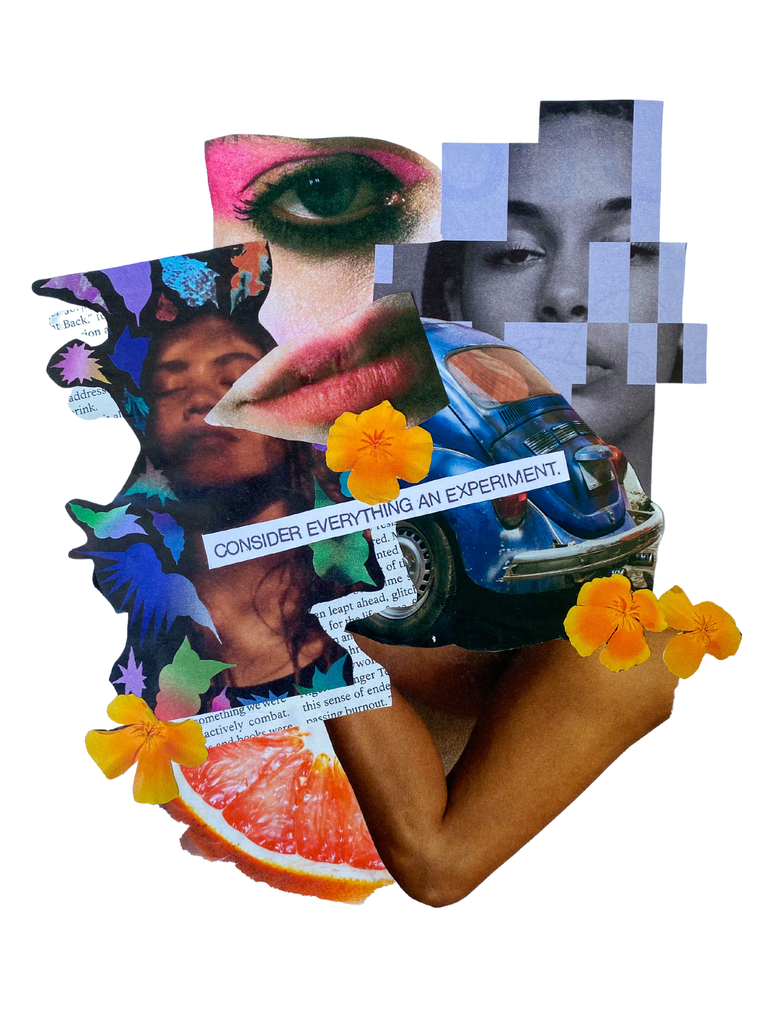 Collage with cutouts of women's eyes, lips, a vintage blue car, orange flowers, a person's arm, grapefruit slices, floral patterns, and a piece of paper with the text "Consider everything an experiment."