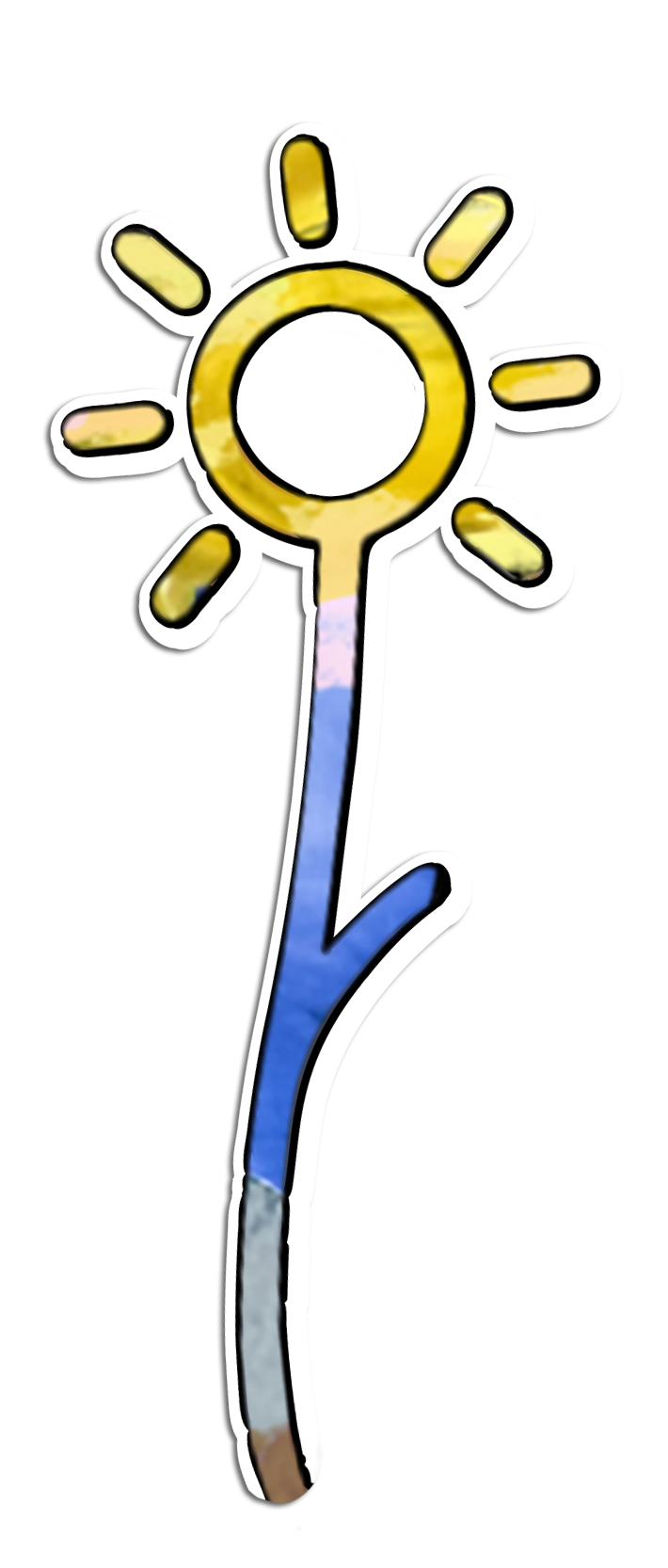 Colorful illustration of a flower with a yellow circular center and petals, with a long, curved blue stem.