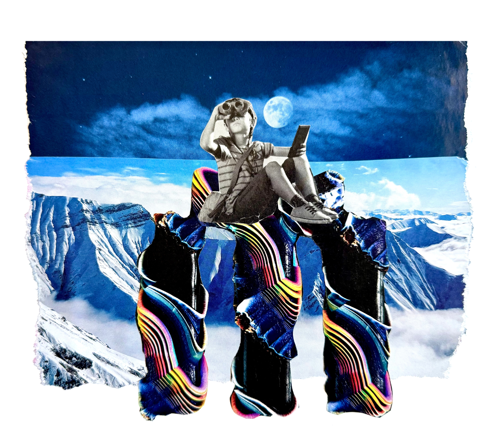 A collage featuring a child sitting on colorful, abstract legs as if standing on them, with a mountain range and snow, a cloudy sky, and a moon in the background under a night sky.