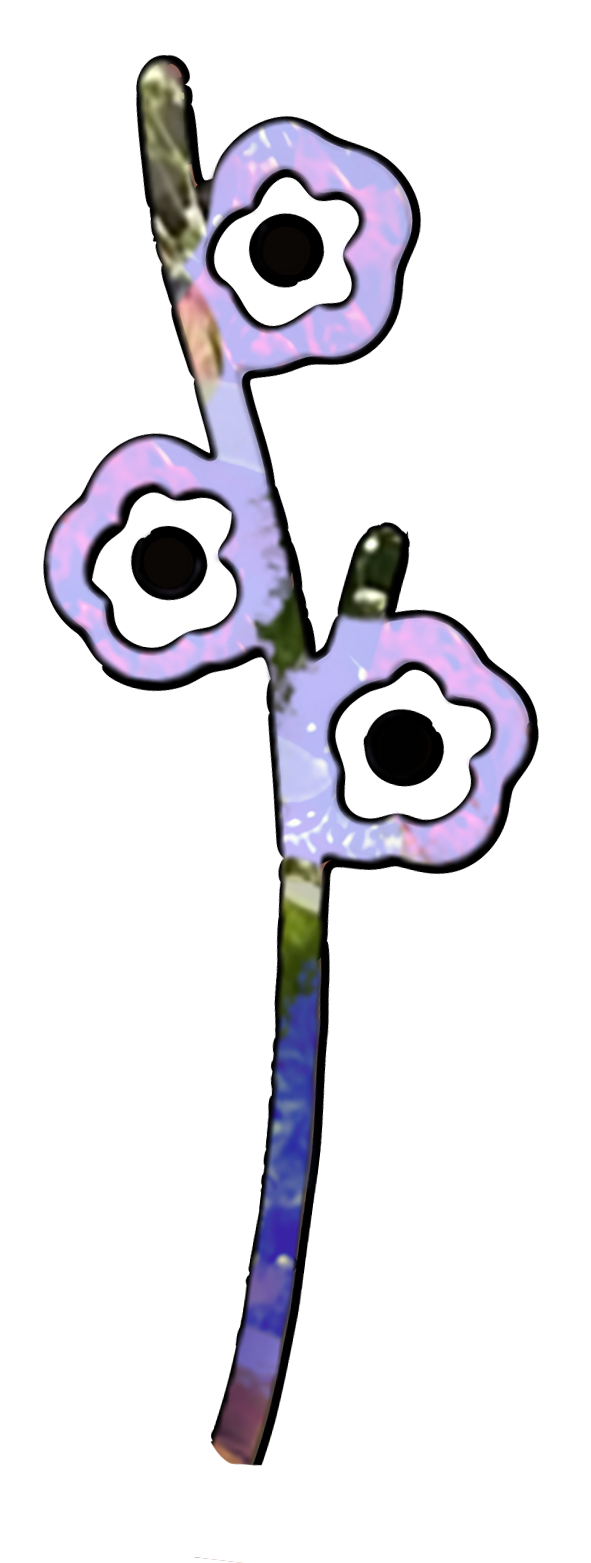 A stylized digital drawing of a plant stem with three flowers, each with a black center, resembling a cartoon or abstract art style.