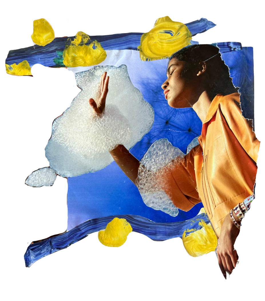A woman in an orange jacket interacts with soap bubbles against a backdrop of painted blue and yellow abstract brushstrokes.