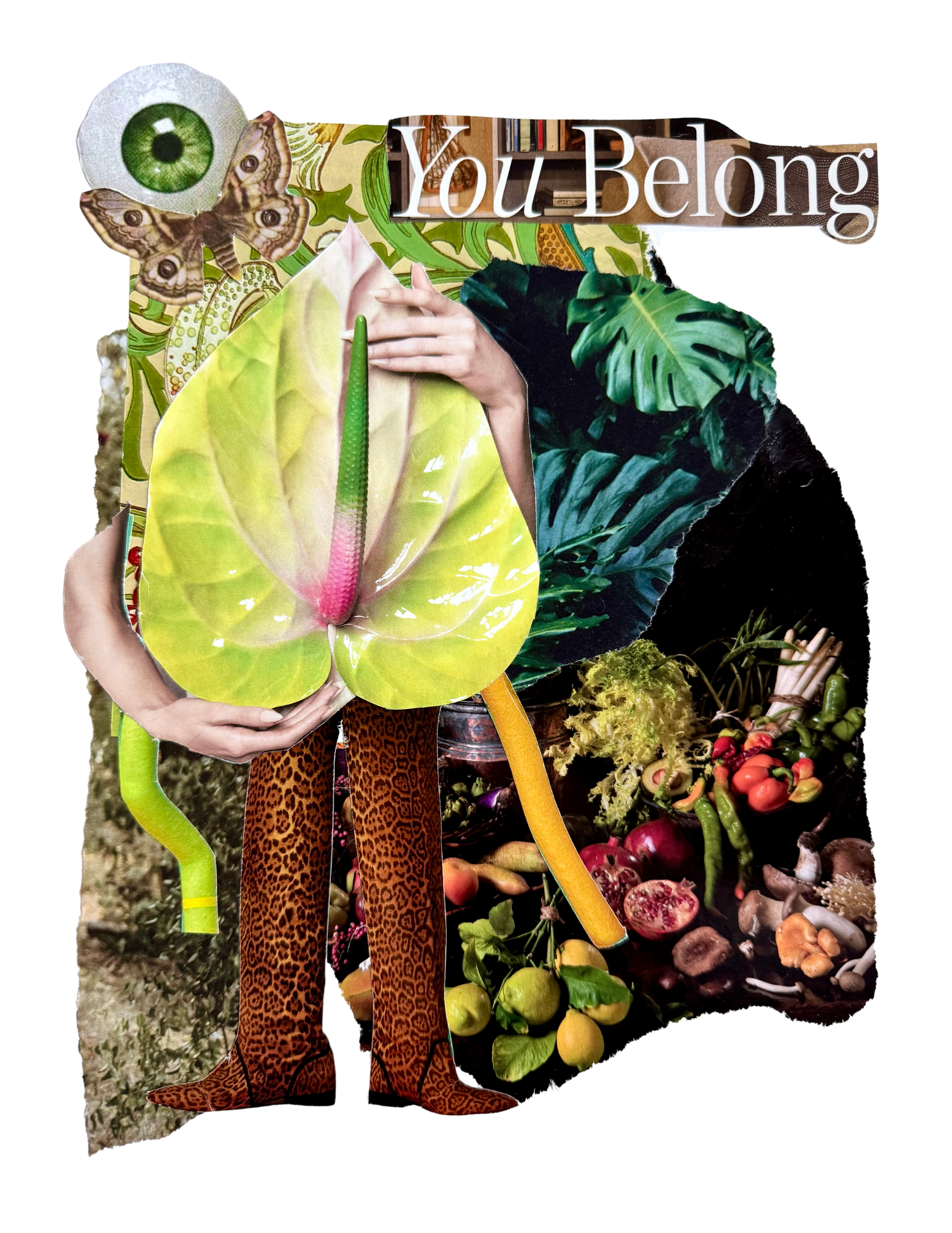 Collage featuring a large anthurium flower, a green eye illustration, a butterfly, tropical leaves, fruits, vegetables, and the text "You Belong."
