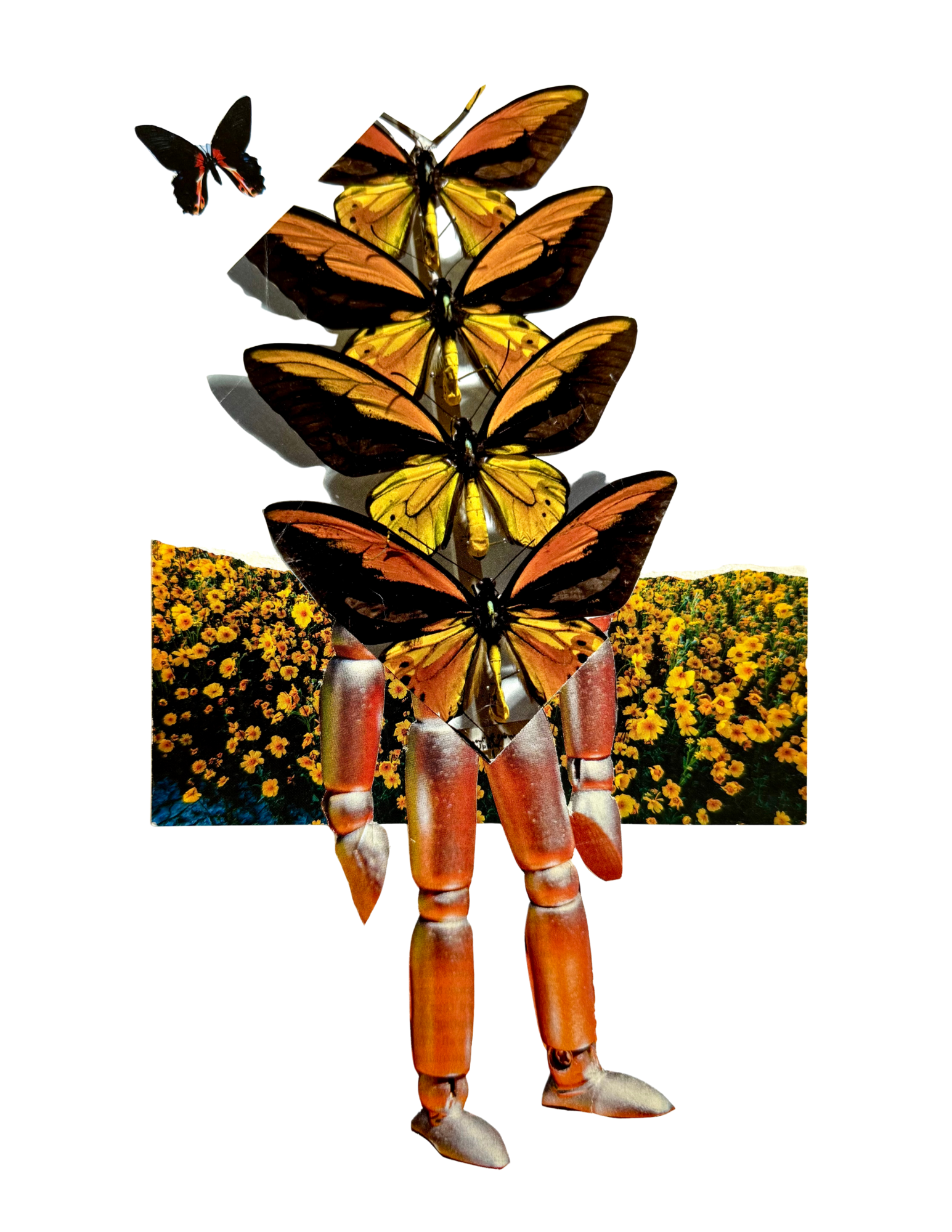 A collage of butterflies, a flower field, and robot legs - one of many visual representations of ADHD and neurodivergence experience.