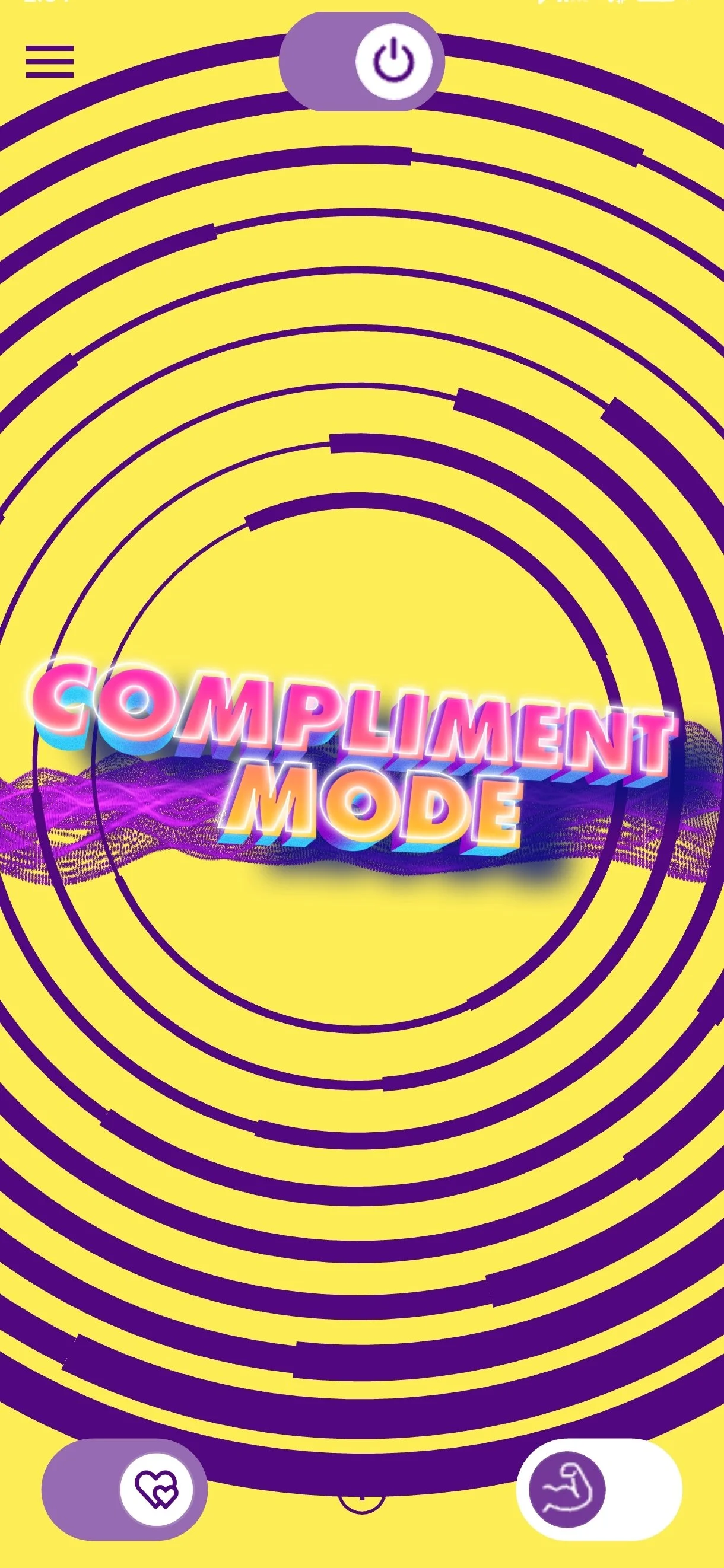 A bright yellow screen with concentric purple circles. In the center, colorful text reads 'Compliment Mode' with a visual wave pattern underneath. There are icons at the top, left, and right edges, including a power button at the top and health and flex icons at the bottom.