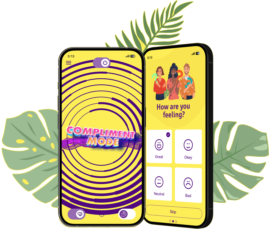 Two smartphones display a wellness app, one shows a colorful progress screen labeled 'Compliment Mode' with purple concentric circles on a yellow background, and the other asks 'How are you feeling?' with four emoji options: Great, Okey, Neutral, Bad. The background features large tropical leaves.