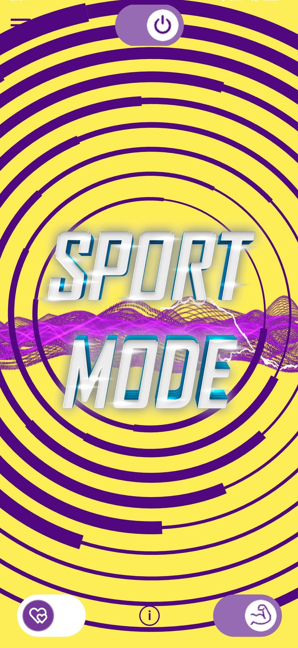 A colorful digital interface screen with yellow and purple concentric circles, a power button at the top, the text 'SPORT MODE' in bold 3D font in the center, and three icons at the bottom: a heartbeat icon on the left, an information icon in the middle, and a muscular arm icon on the right.