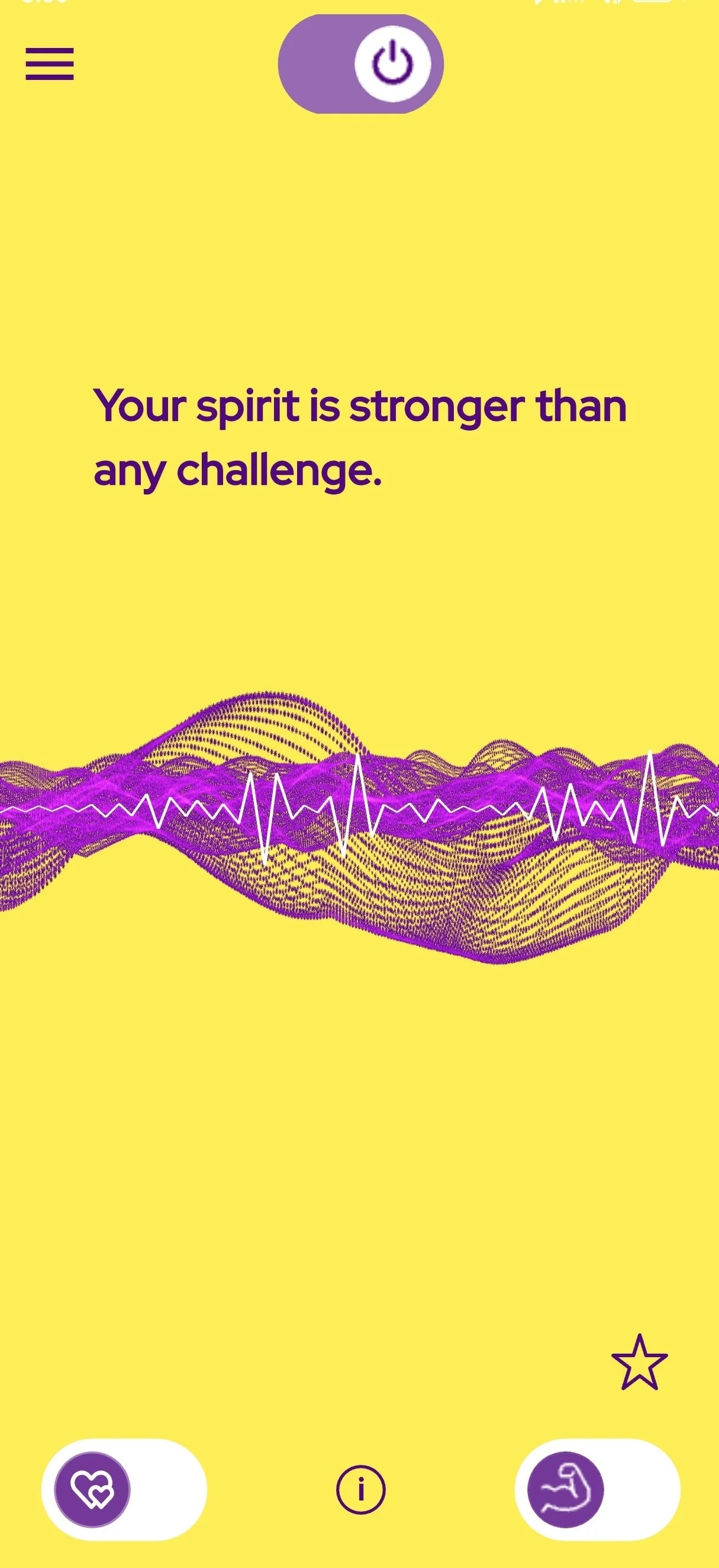 Mobile app screen with a motivational message: 'Your spirit is stronger than any challenge.' A stylized purple sound wave graphic on a yellow background. Top: power button icon. Bottom: icons of a heart and a flexed arm, and a star, with an information icon in the center.