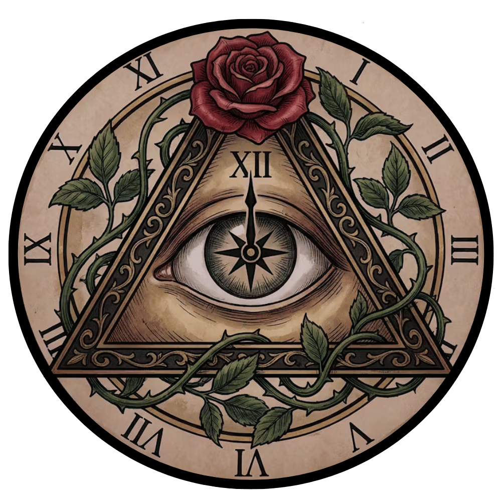 A clock face with Roman numerals, an eye in the center of a triangle, a red rose at the top, and vines with green leaves entwined around the design.
