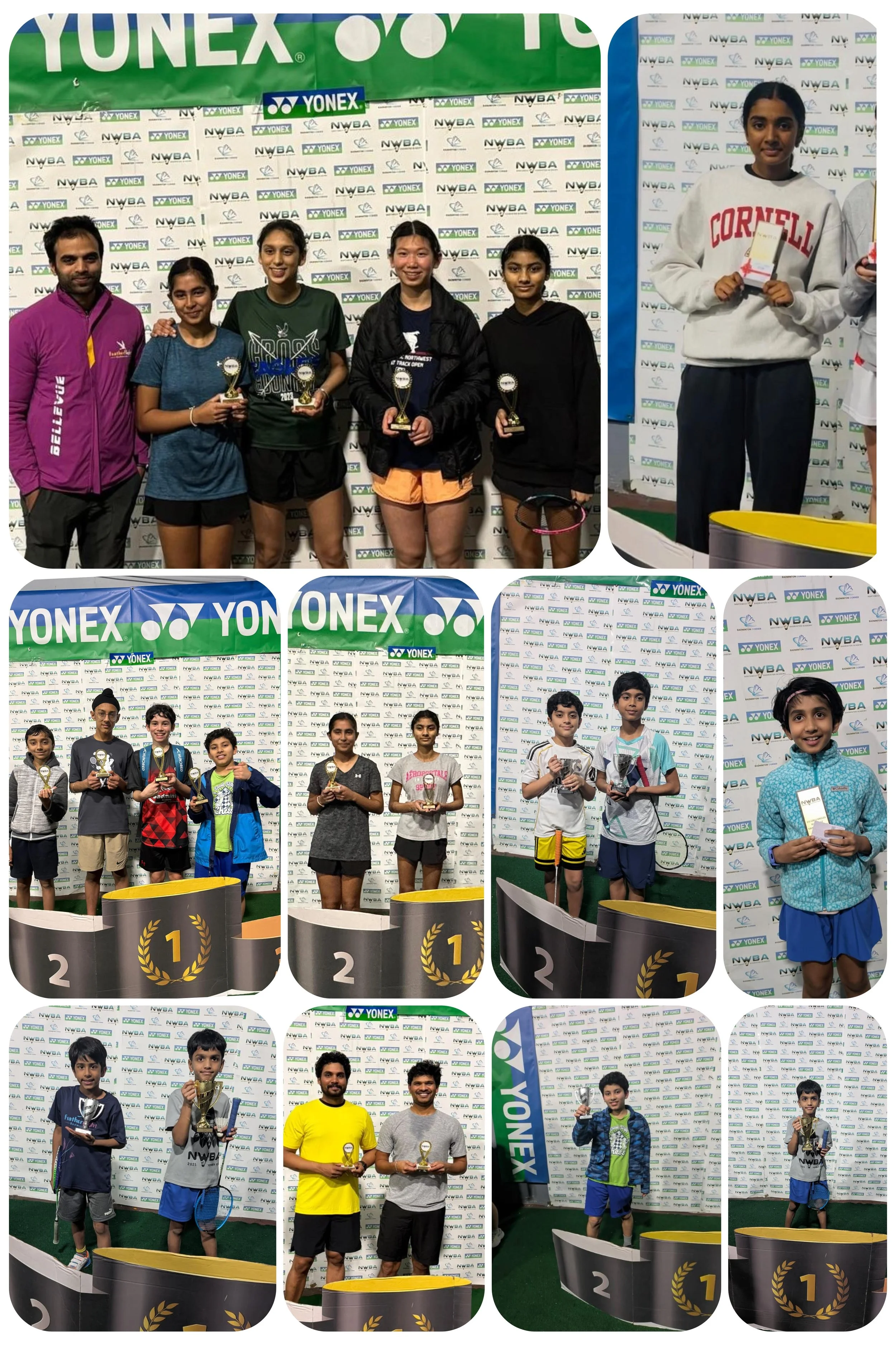 Group of young athletes holding trophies at a badminton award ceremony, with a backdrop displaying the Yonex logo and event branding.