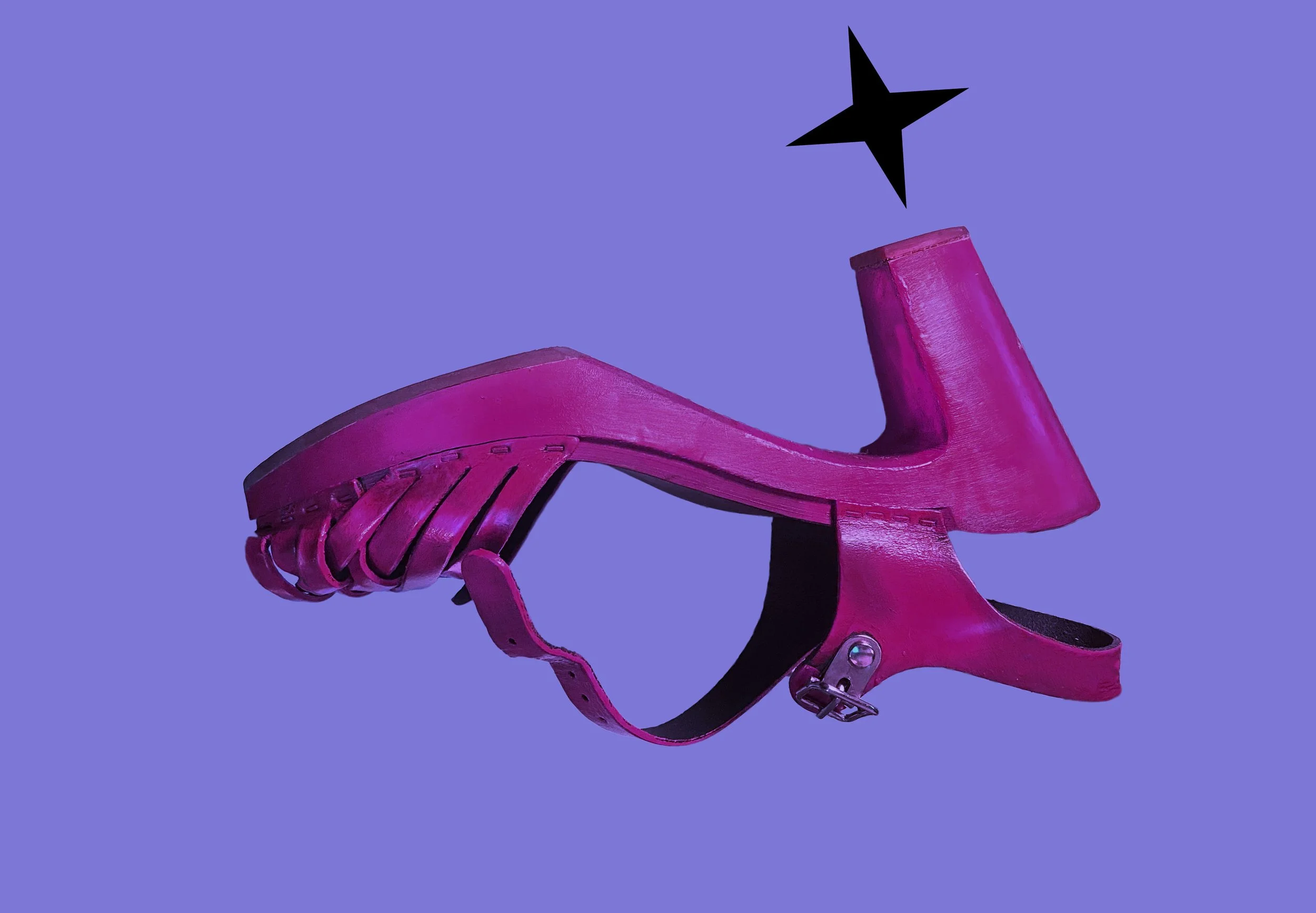 A pink thumb and finger restraint with a strap and buckle, isolated against a purple background.