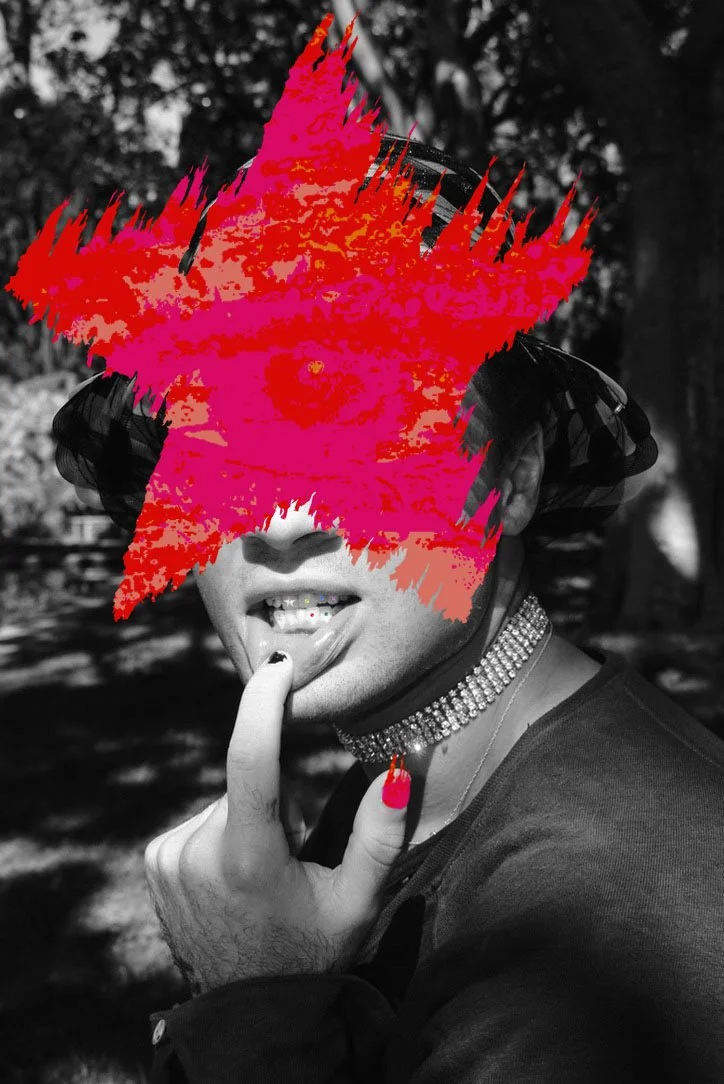 A person with dark hair and jewelry posing outdoors with a finger on their lips, overlaid with a red star graphic obscuring part of their face.