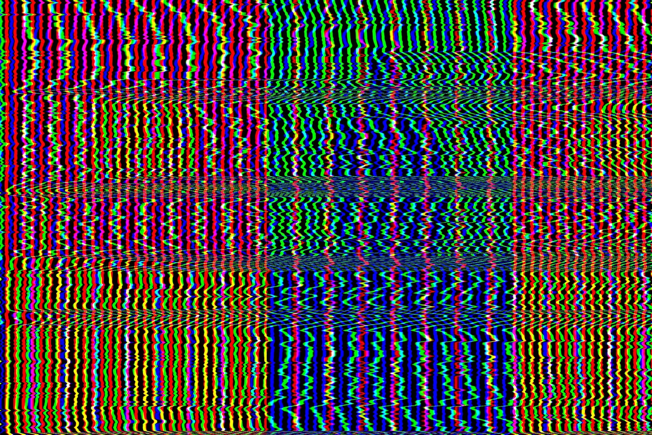 Colorful distorted television screen with static and interference patterns.
