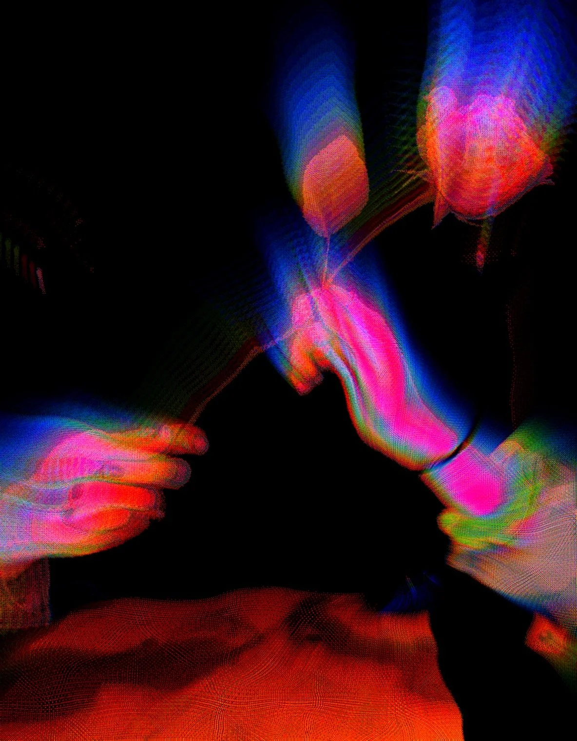 Abstract digital art with neon-colored lines resembling hands against a black background.