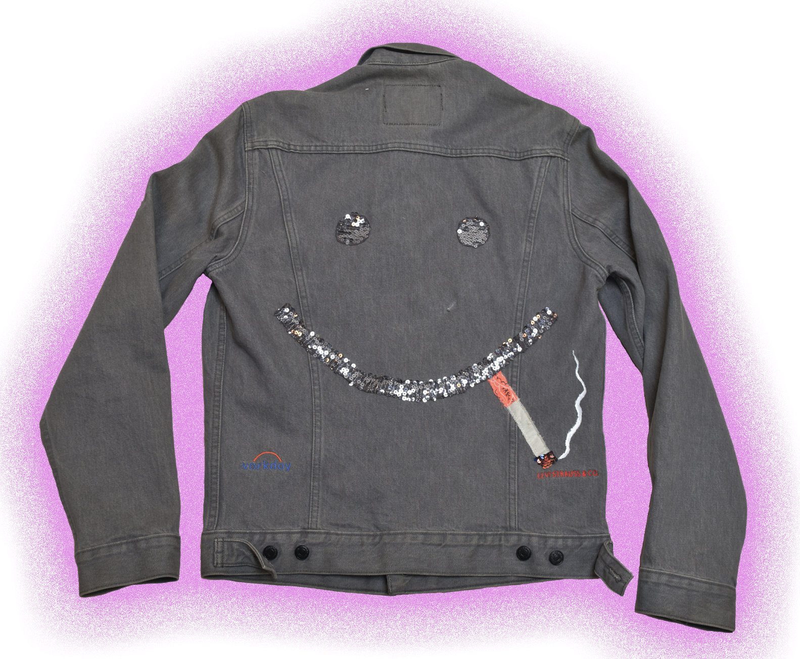 Gray denim jacket with a smiley face design made of sequins, a lit cigarette design with smoke, and small embroidered text that says "workday" and "LEVI STRAUSS & CO." on the back, set against a purple background.
