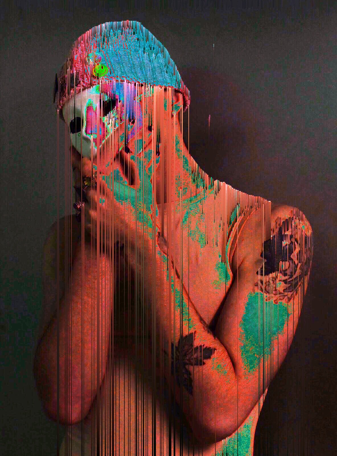 Digital glitch art of a person with tattoos covering their body, holding their head with both hands, with distorted vertical lines and vibrant colors.