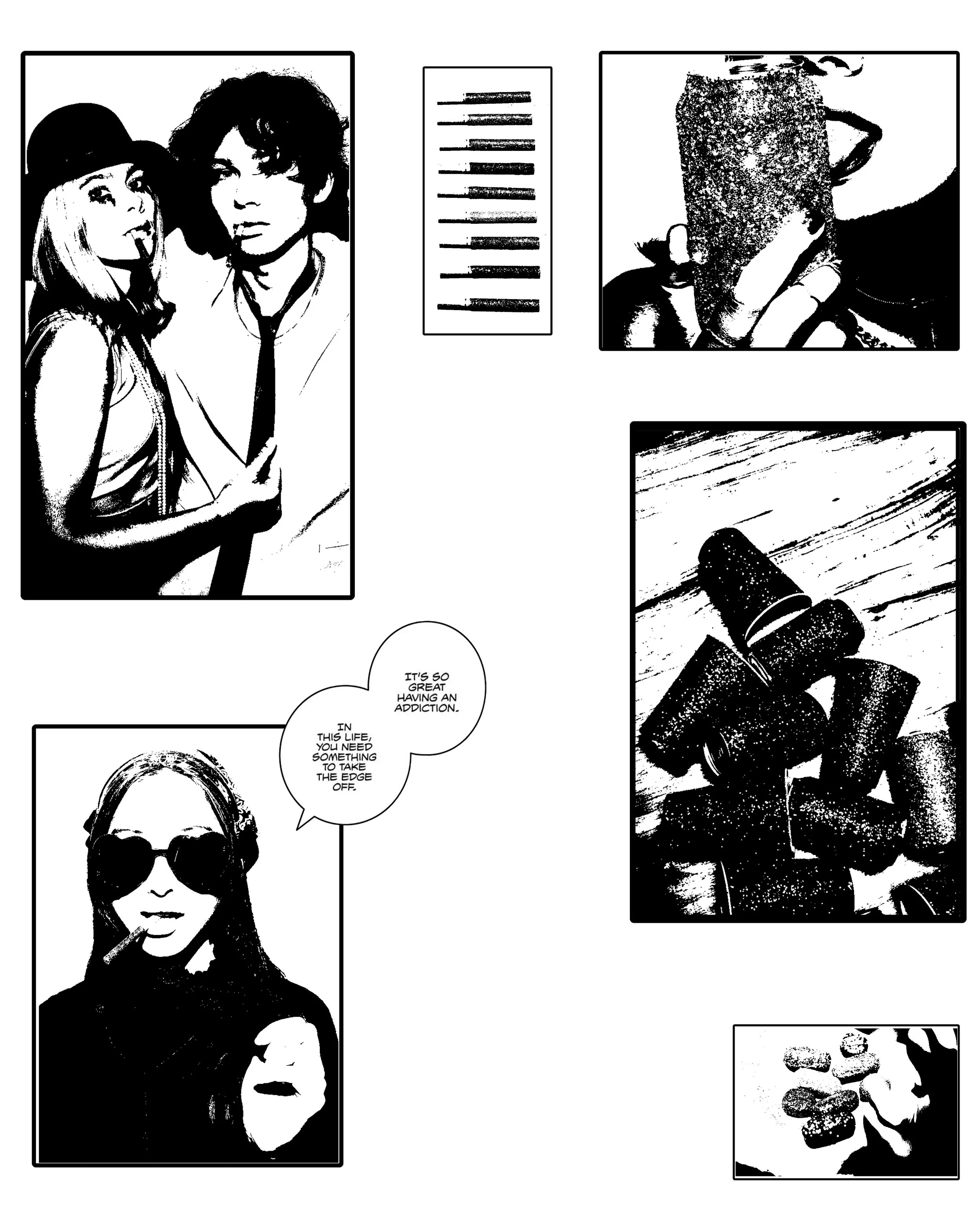 A black and white illustration featuring various images: a photo of a woman and man, a set of piano keys, a hand holding a mug, a pile of cigars or cigarettes, a woman with sunglasses smoking a cigarette with speech bubbles, and a hand with pills.