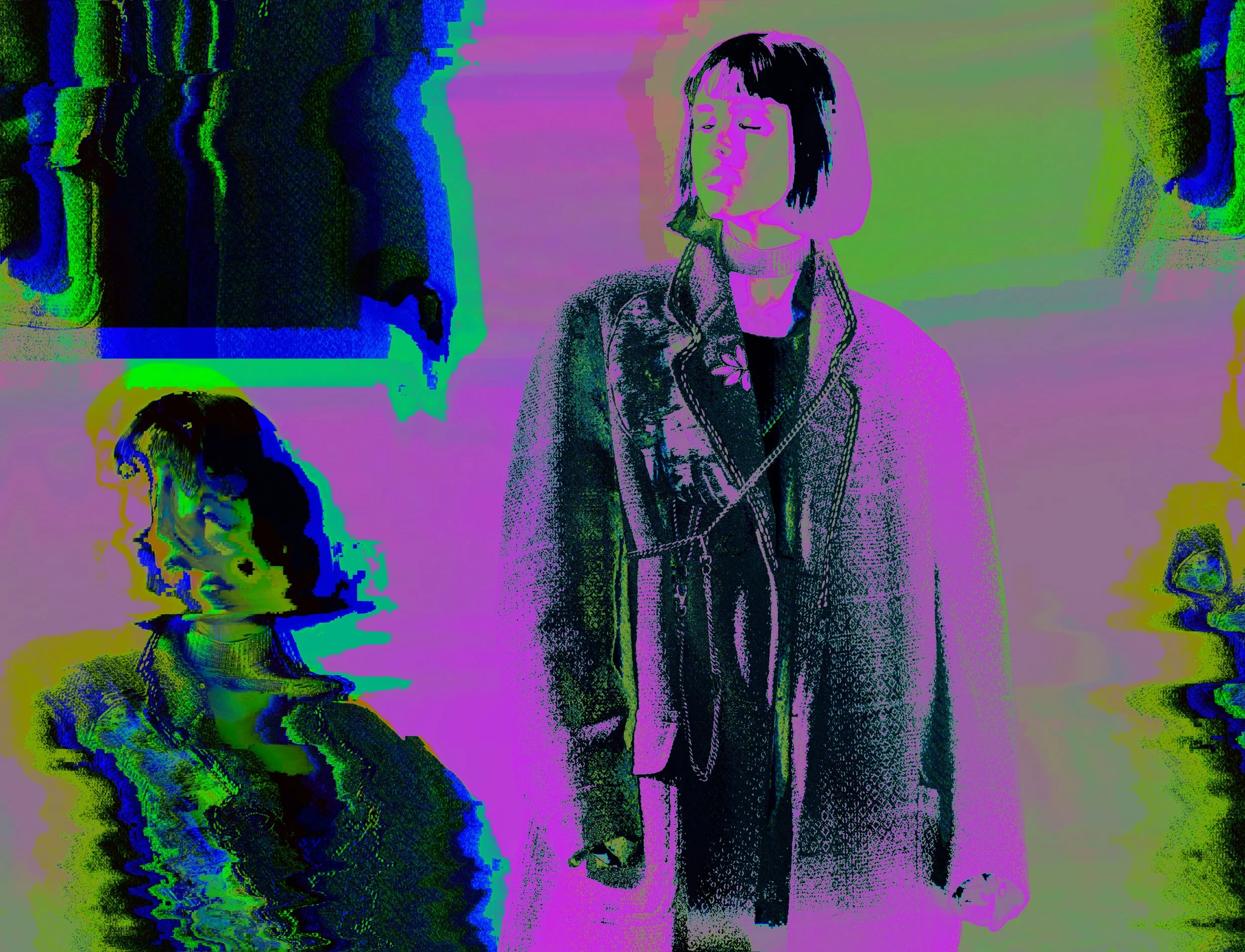 A girl with short dark hair and bangs is wearing a patterned coat and holding a smartphone, standing next to a girl with curly hair who is looking down, both in an indoor setting with colorful, distorted visuals.