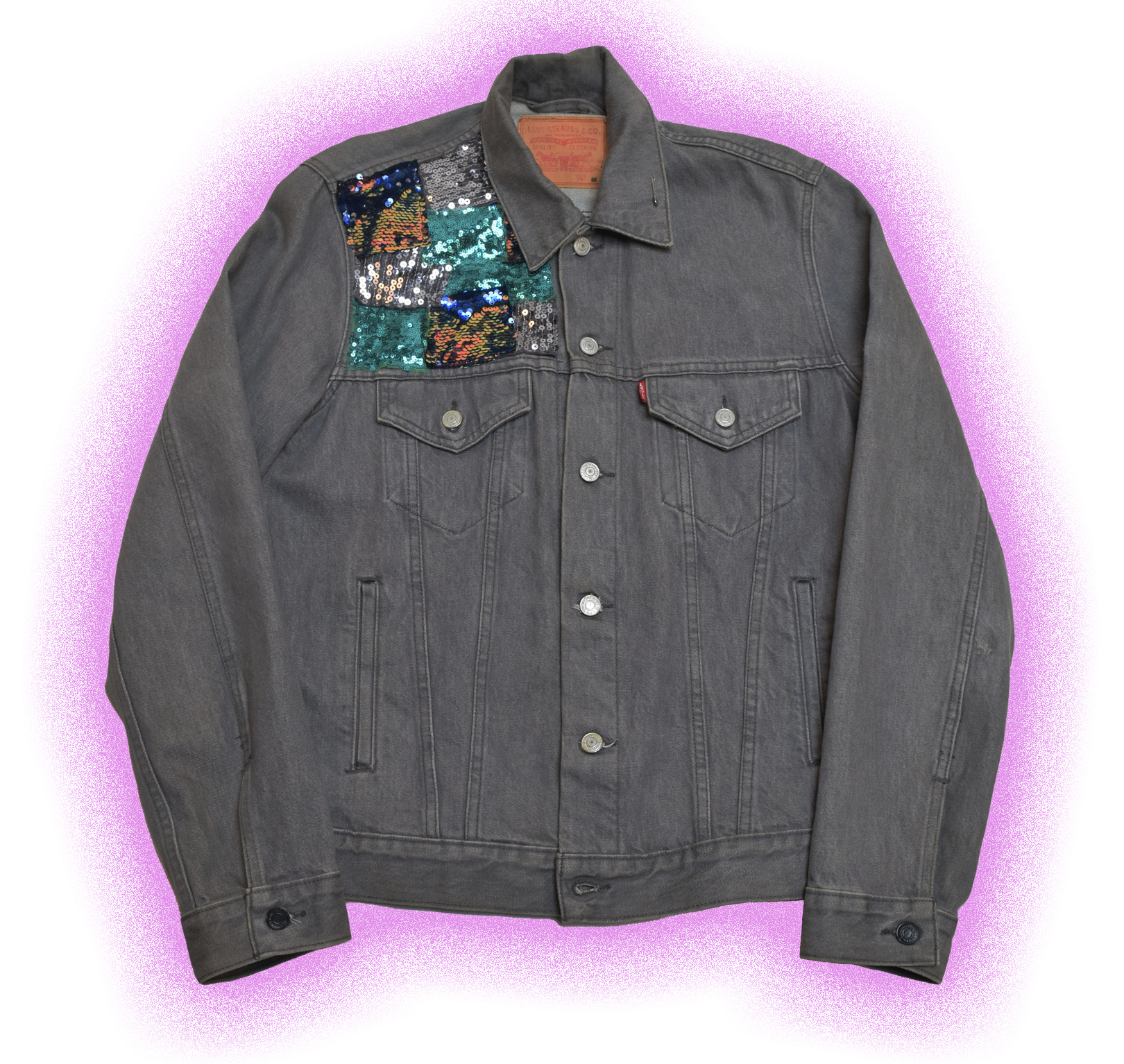 Gray denim jacket with sequin patch on the shoulder, pink background