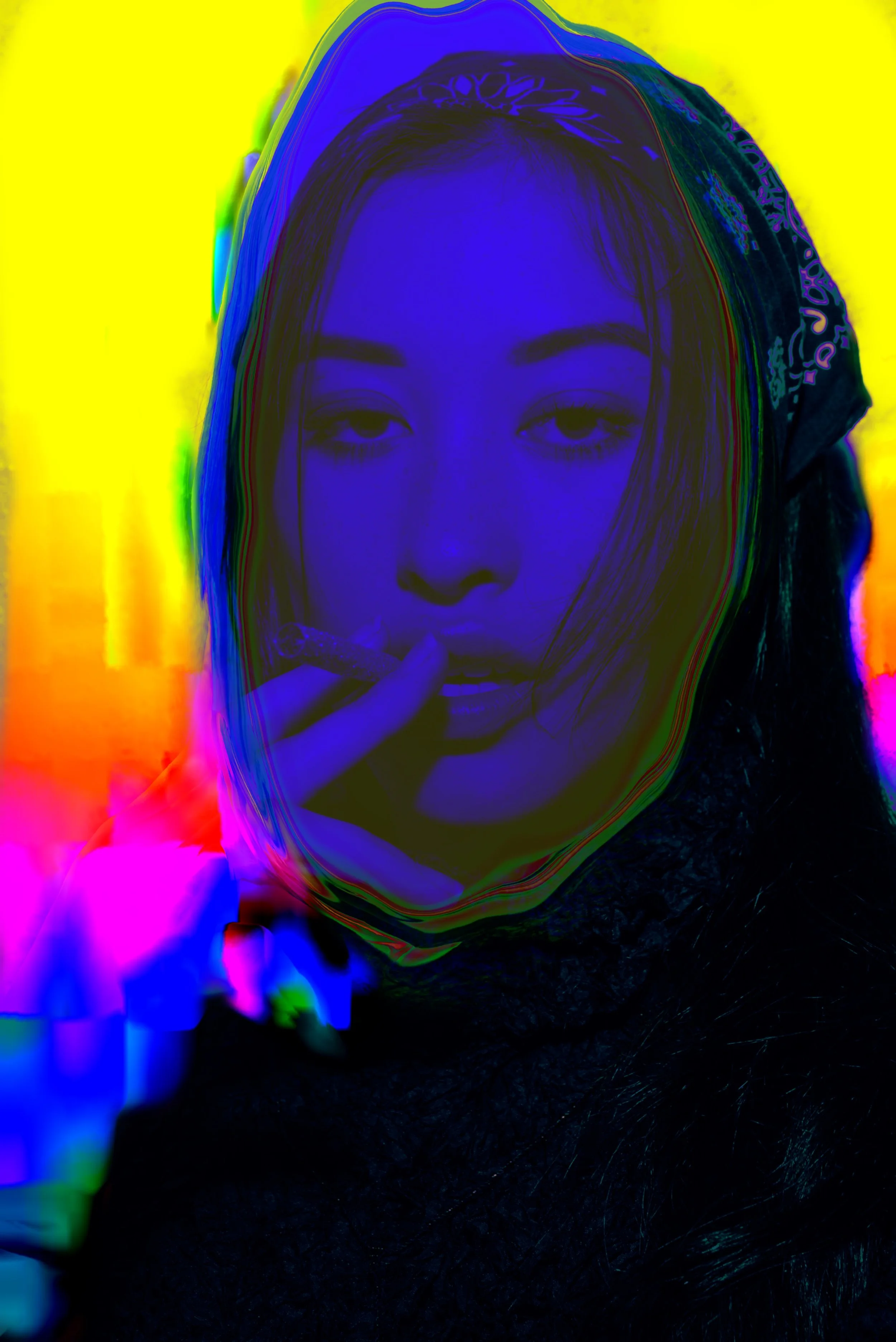 A woman with long dark hair wearing a bandana, holding a cigarette, with a colorful, abstract background.