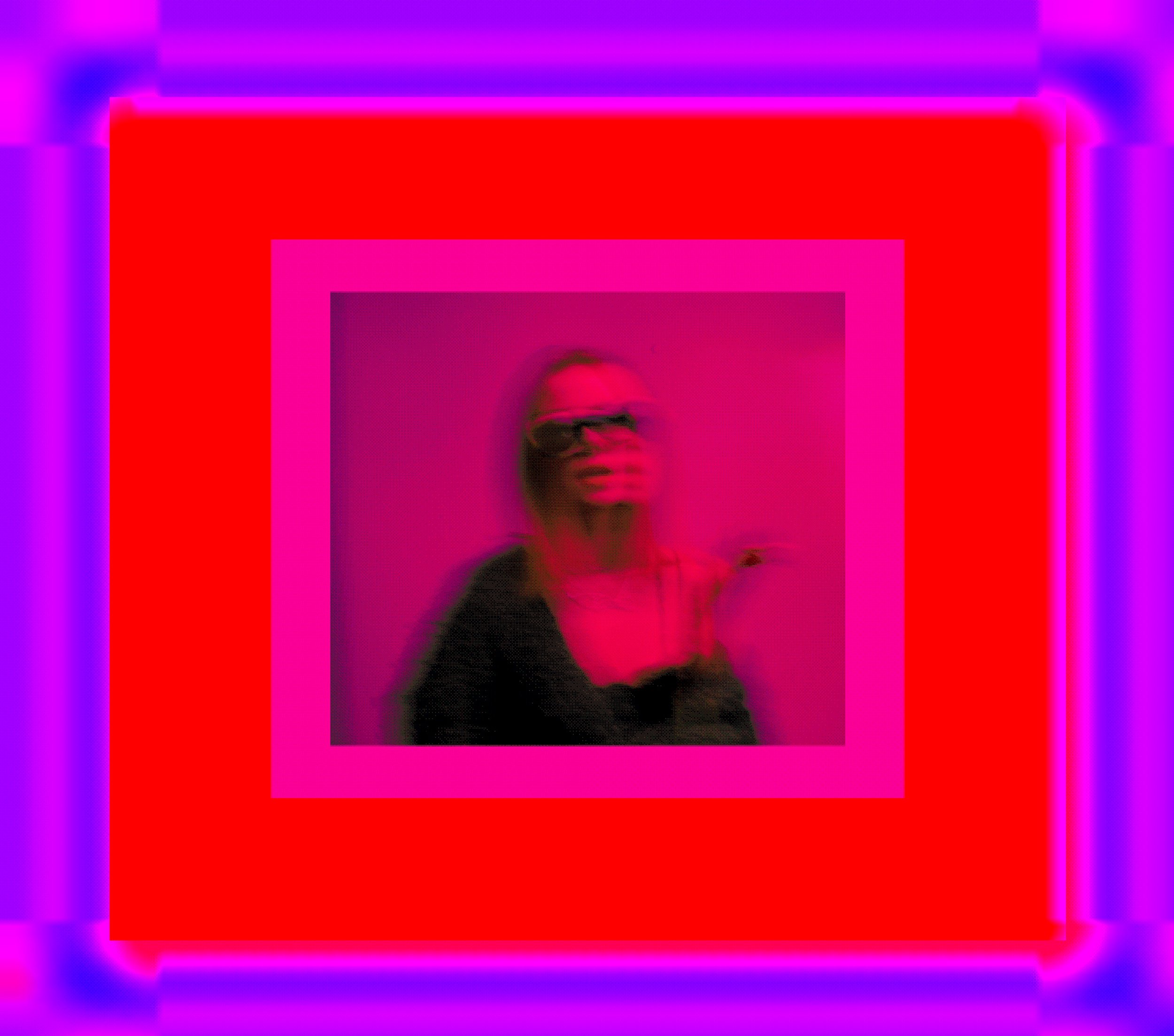 Blurry photo of a woman wearing sunglasses, surrounded by colorful neon pink, red, and purple layers.