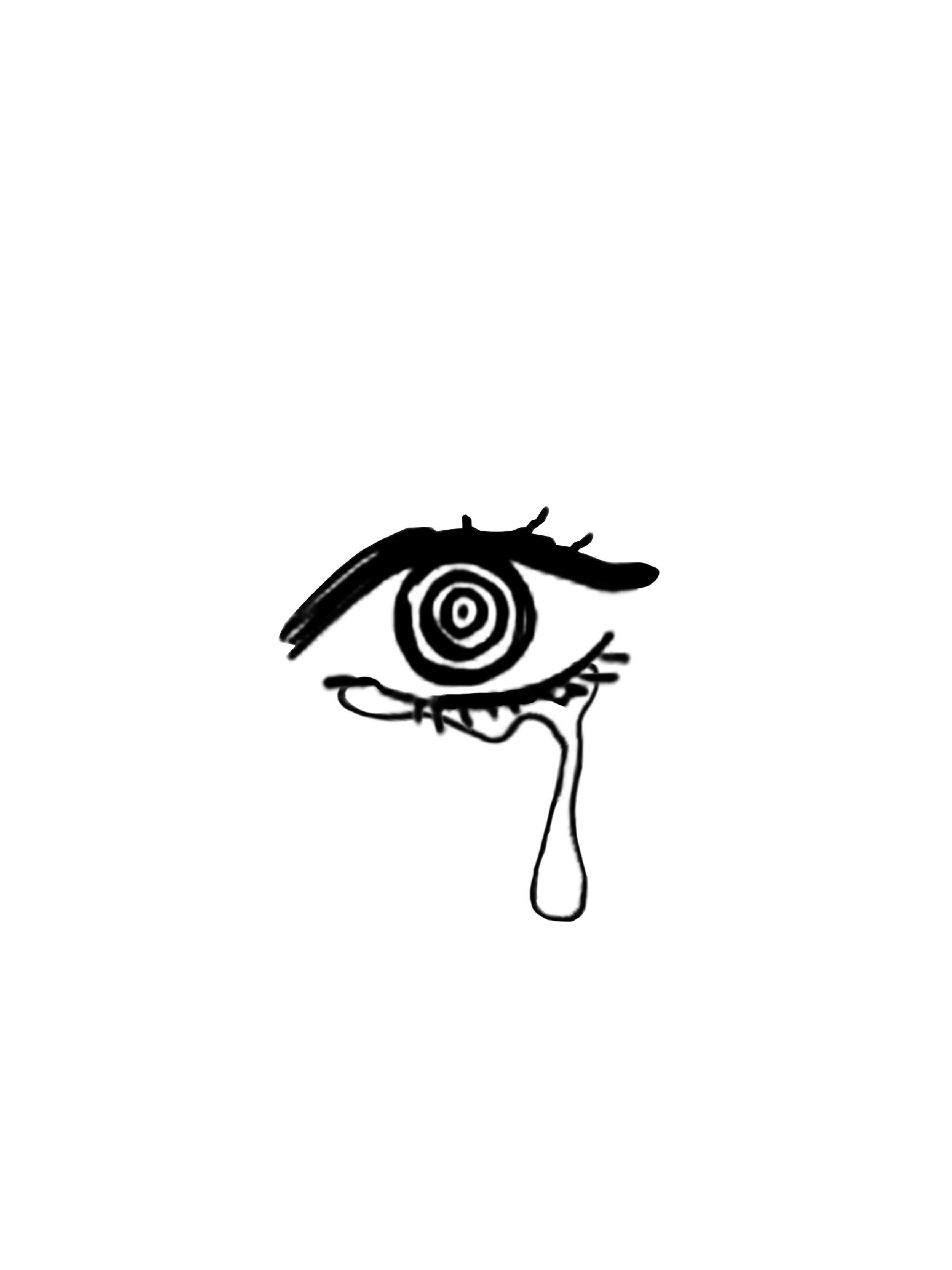 Black and white drawing of an eye with a spiral in the iris, dripping with a tear or liquid.