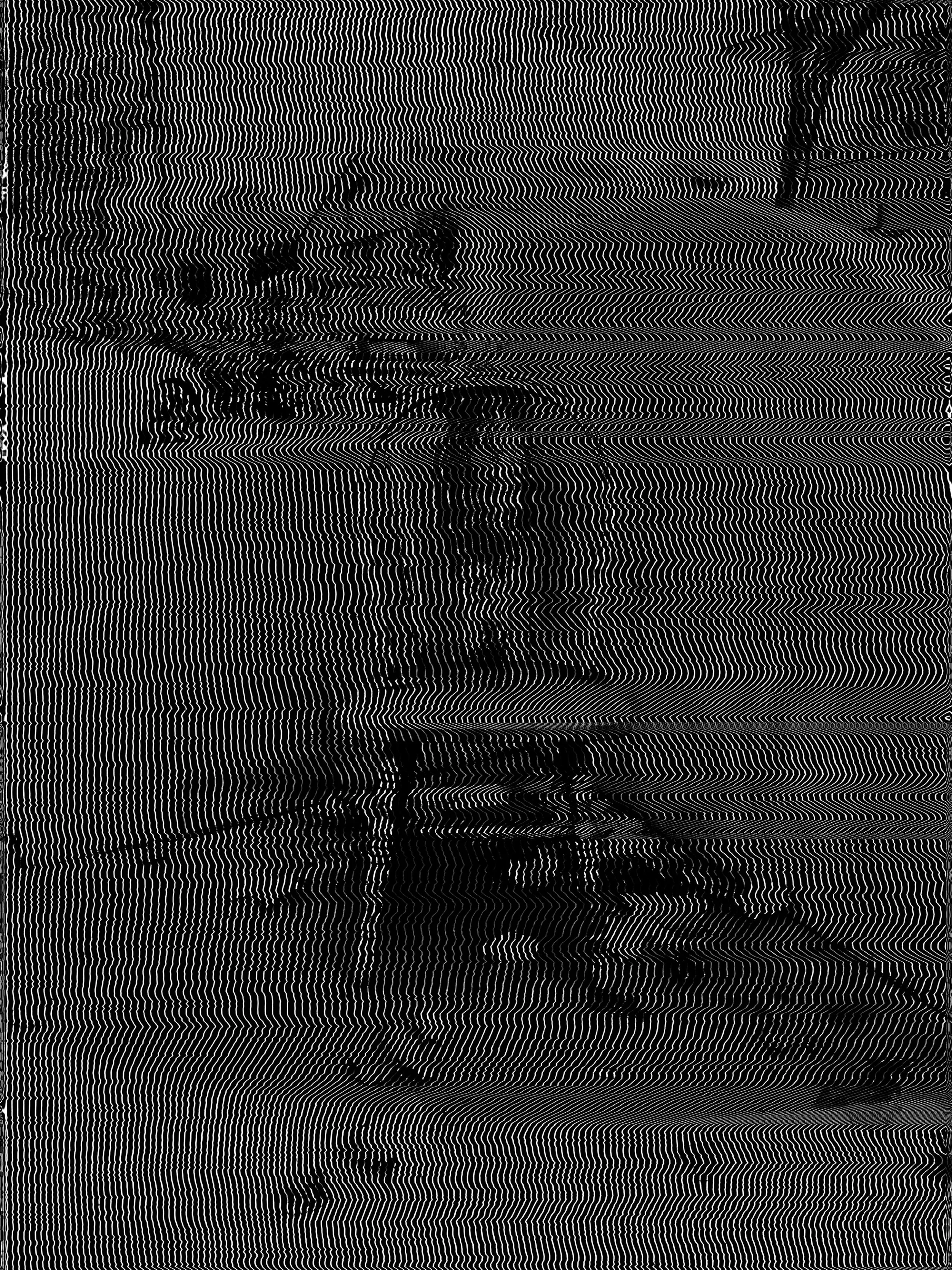 Black and white optical illusion image with wavy lines creating a distorted face in the center.
