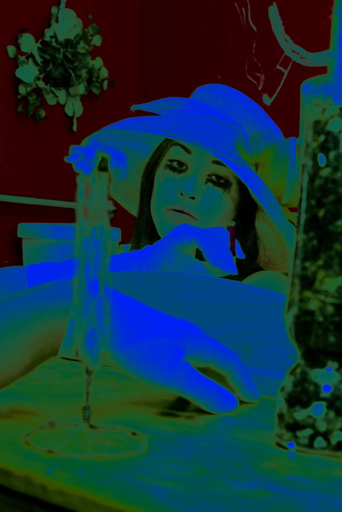 A woman wearing a large hat is sitting at a table, looking at the camera with her hand on her chin. There are plants, a red background, and a glass jar on the table.