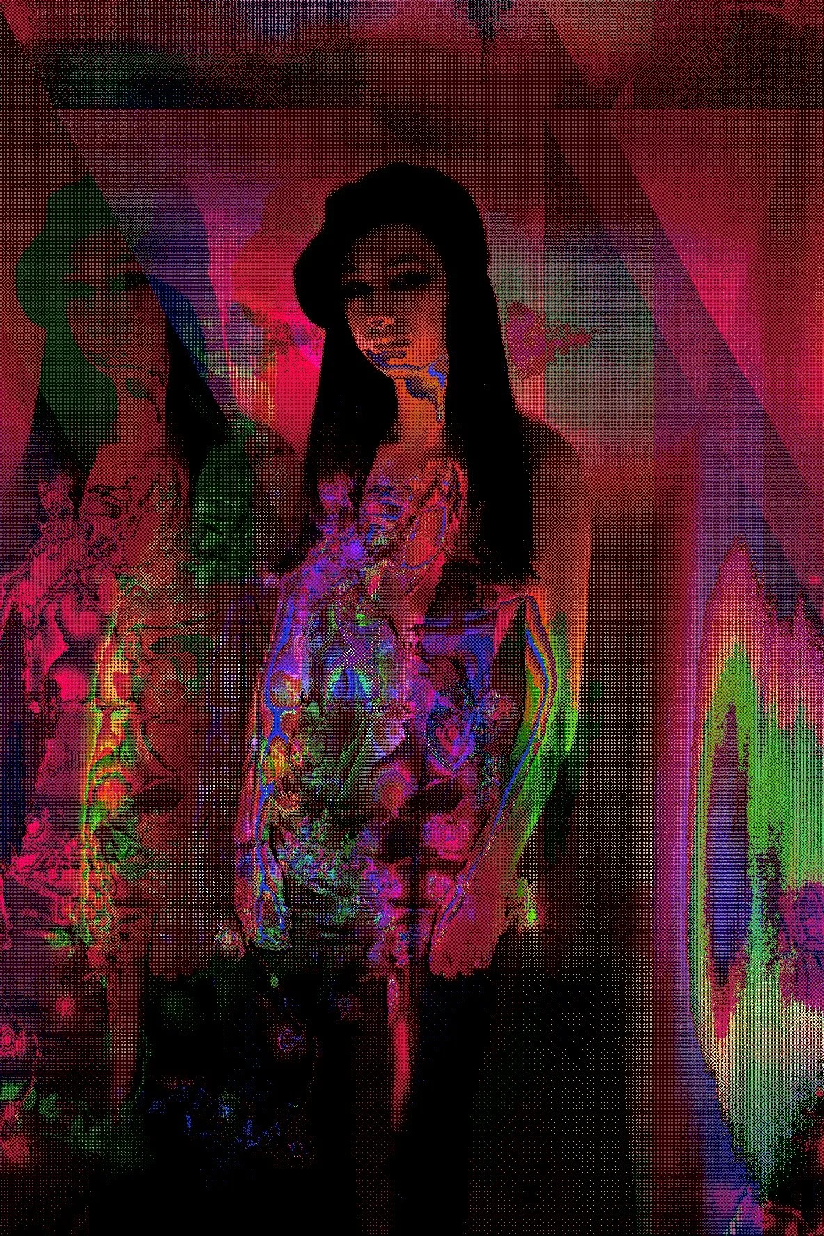 A woman with long dark hair and tattoos on her arms, standing in front of a colorful, abstract background with neon lights.