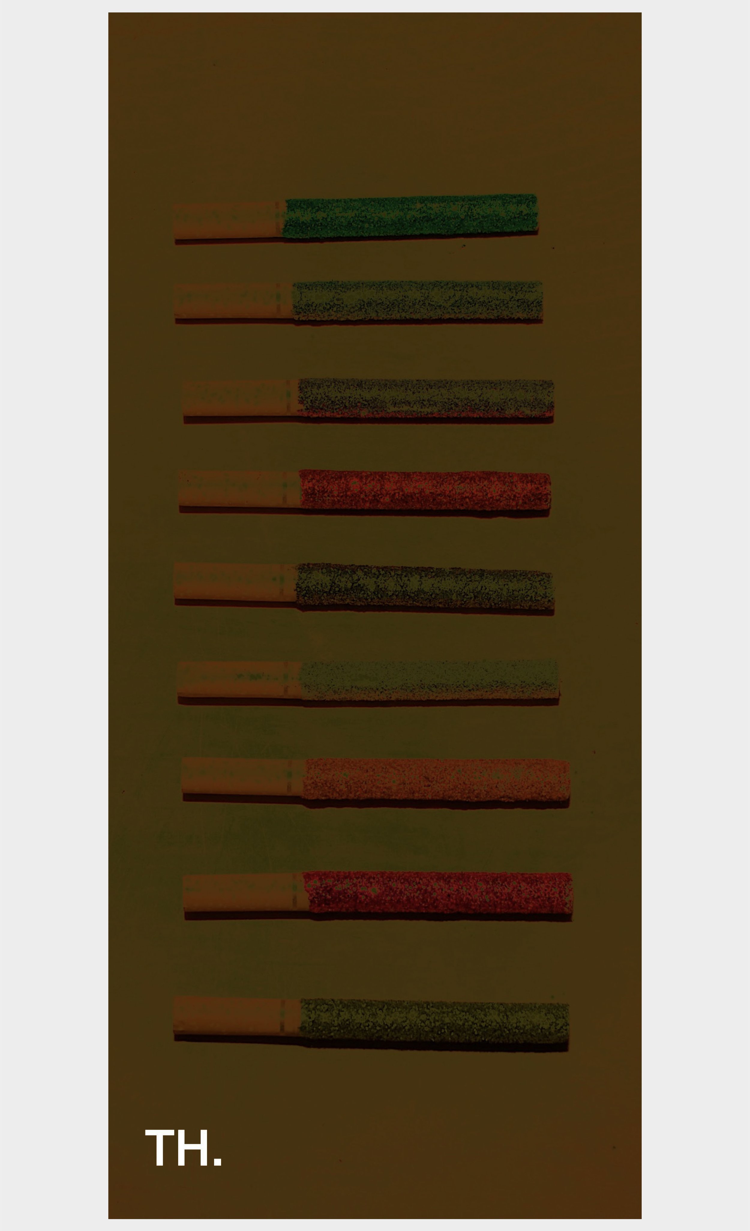 Multiple matchsticks arranged in a vertical line, with the tip of each matchstick touching the head of the one below it, on a brown background, with the initials 'TH.' at the bottom left corner.