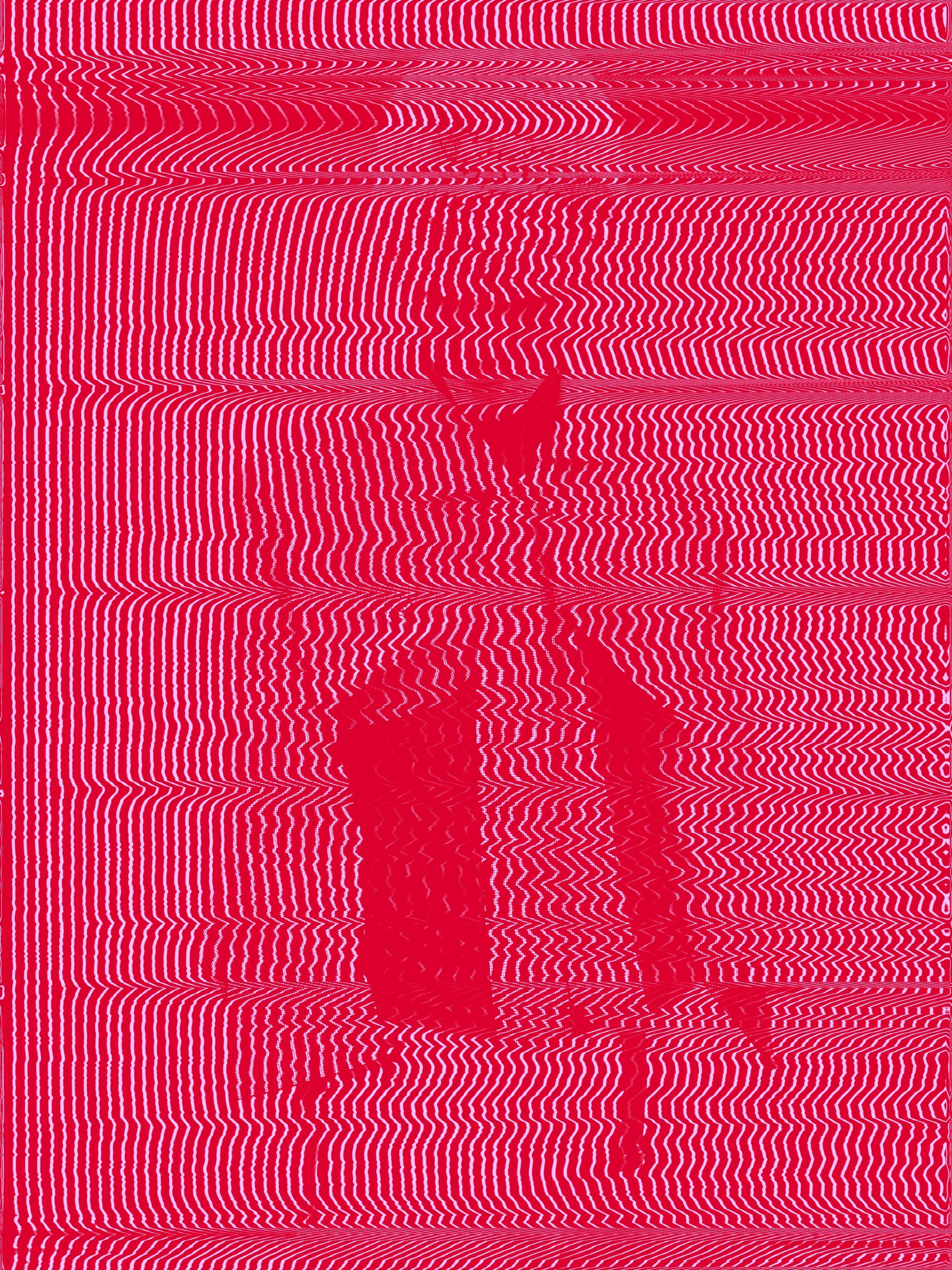 Distorted red and white striped pattern with irregular lines and shapes.