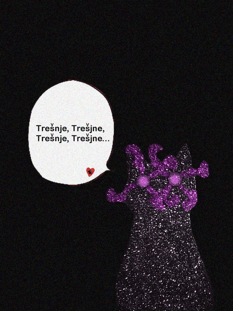 A glittery purple and silver mouse-shaped decoration with a speech bubble containing the Slovenian phrase "Trešnje, Trešnje, Trešnje, Trešnje..." and a small red heart.