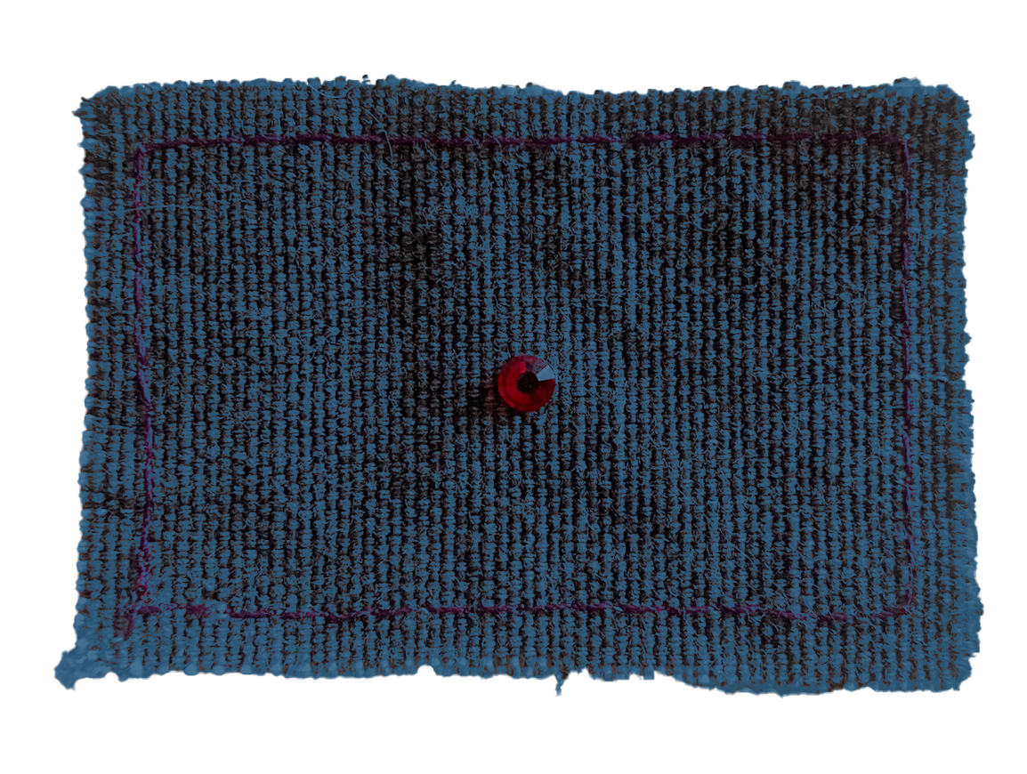 A black and red circular object placed on a textured fabric mat with a purple square outline.