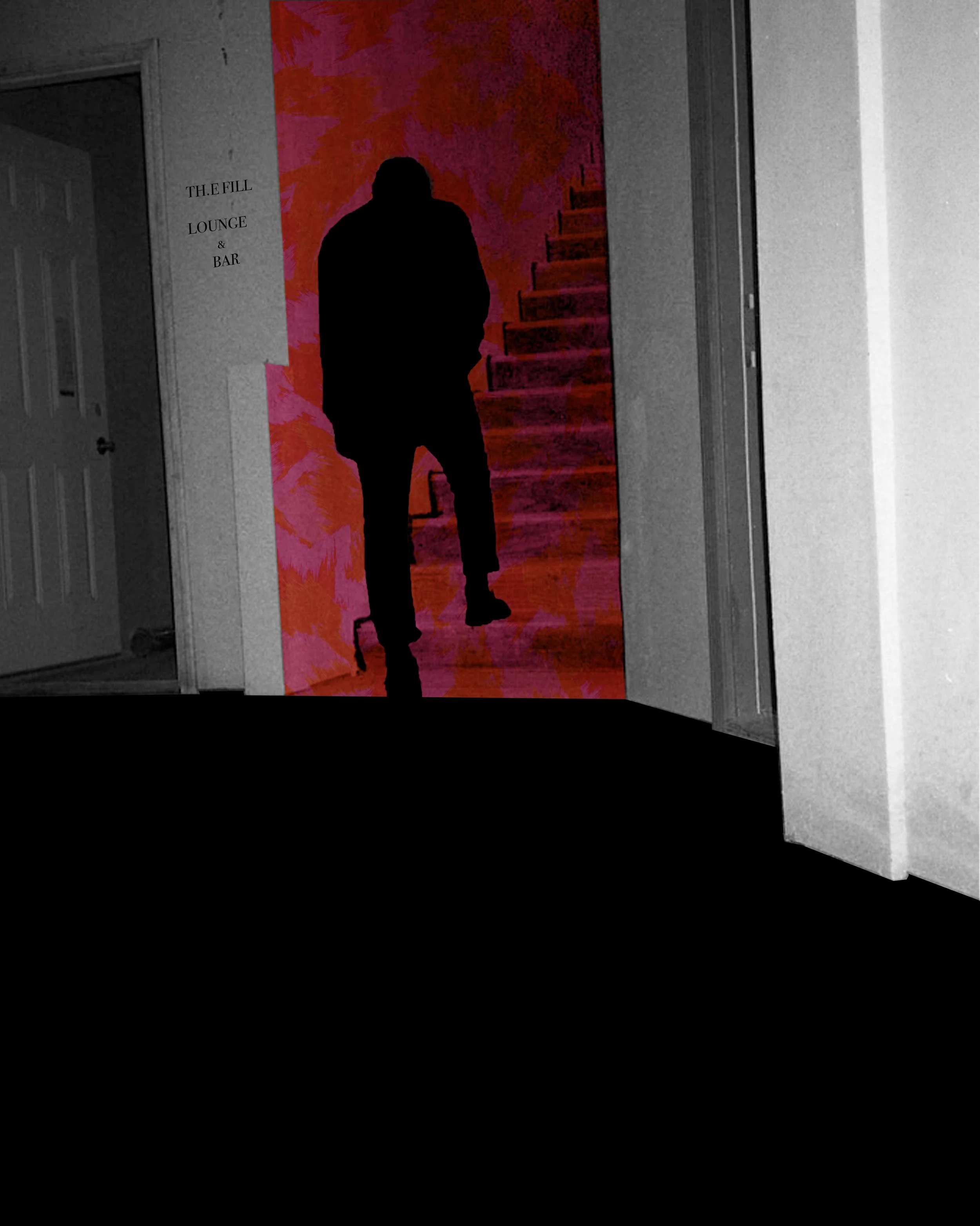 Silhouette of a person walking up a staircase, with a background painting of colorful leaves. The setting appears to be indoors near a bar and lounge area.