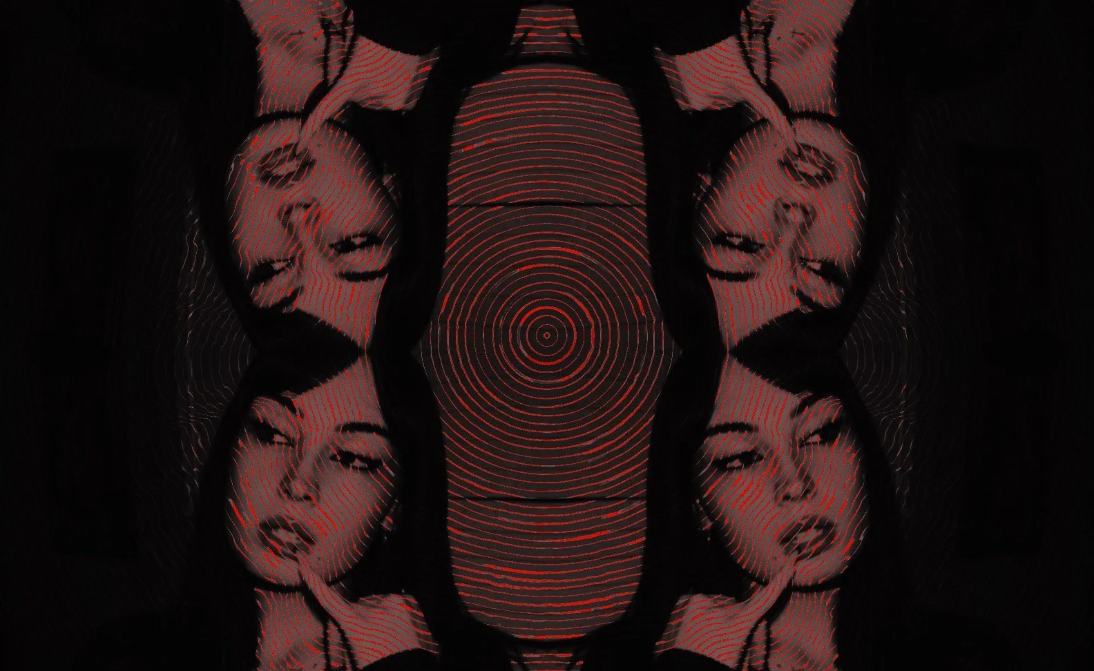 A repeated pattern of a vintage style portrait of a woman with red lines over her face, set against a black background with a concentric red circle design in the center.