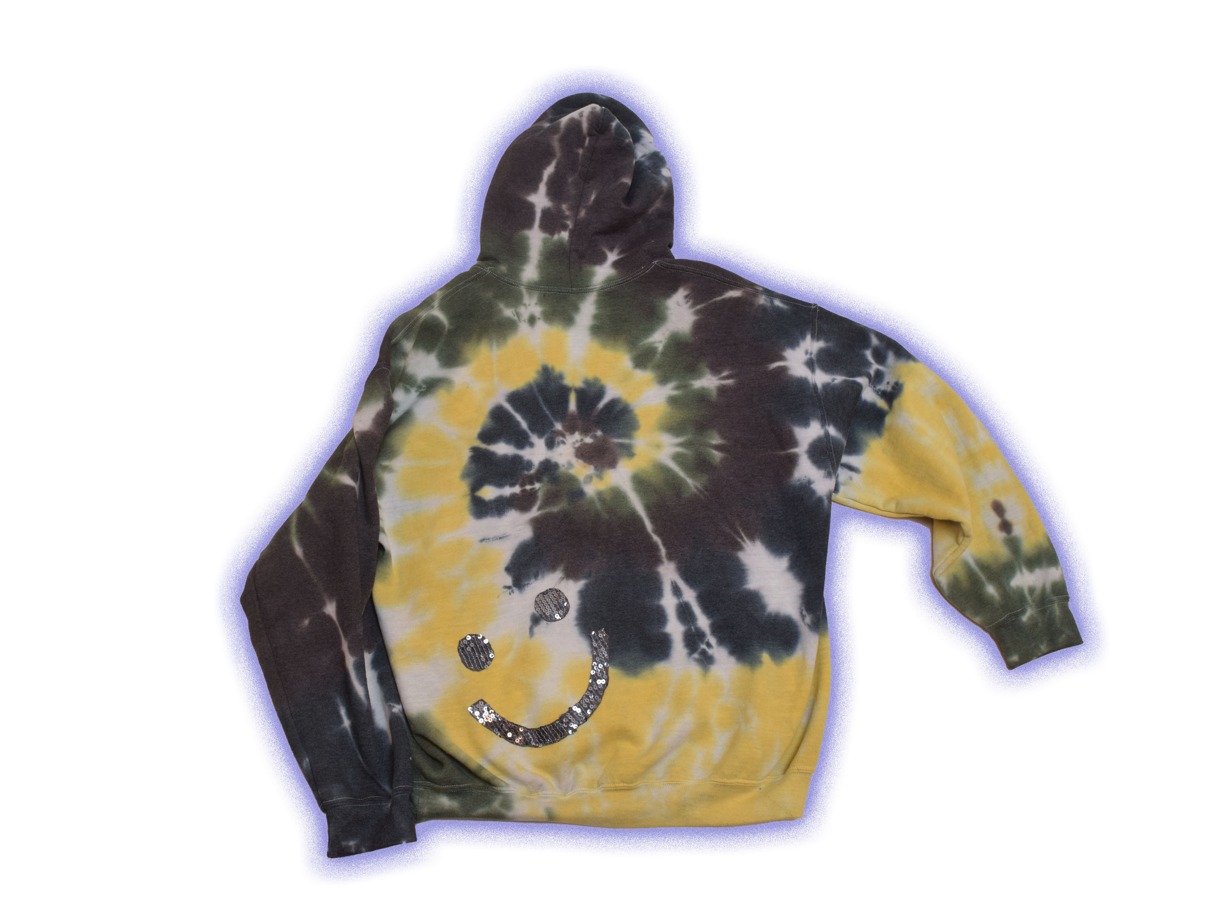 Tie-dye hoodie with black, yellow, and white colors featuring a smiley face made of sequins.