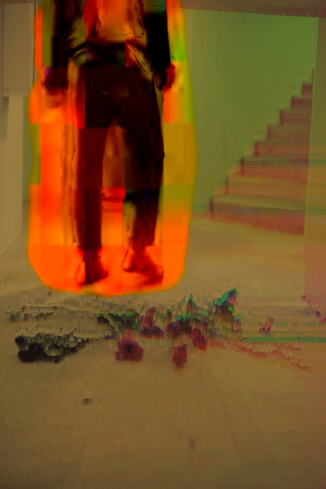 A person standing on a staircase in a hallway, with a smartphone in hand, depicted with glitch art effects.