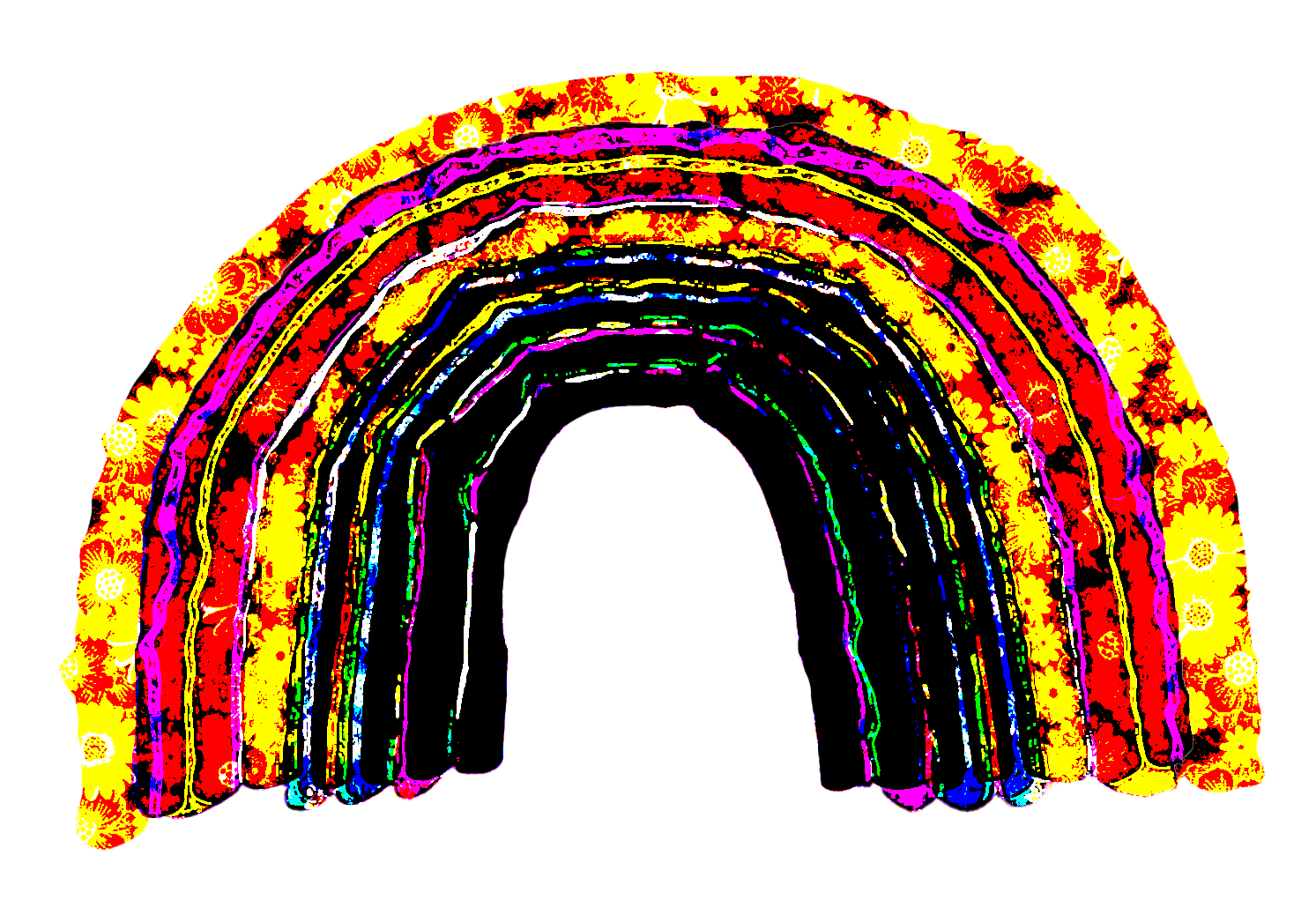 Colorful drawing of a rainbow in front of a background filled with yellow flower patterns.