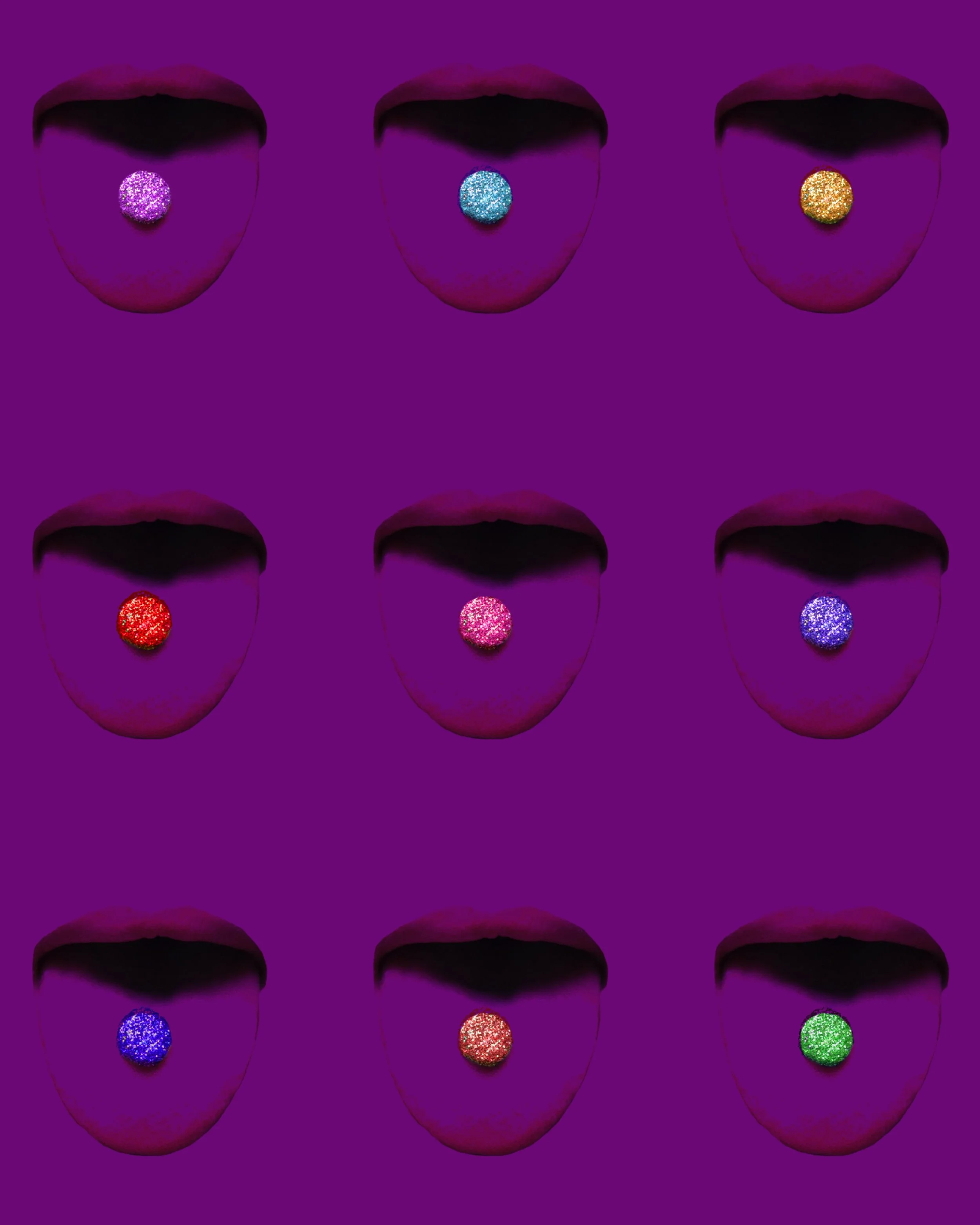 Nine lips with colorful glittery balls on their tongues arranged in a 3x3 grid against a purple background.