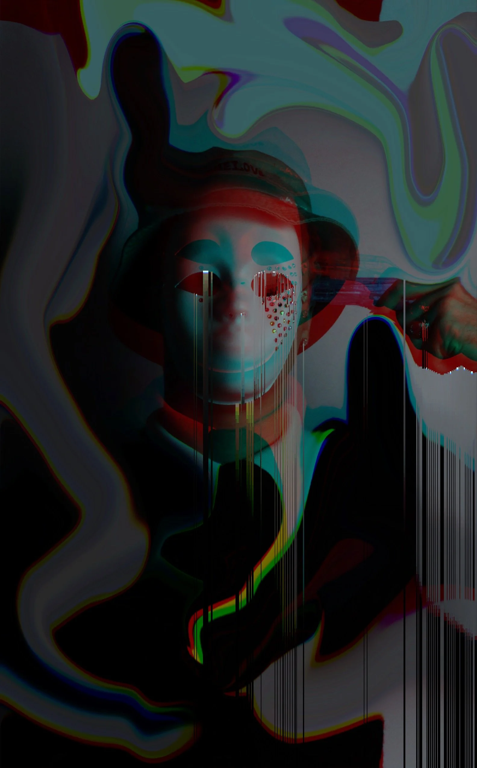 A distorted, glitch art-style image of a person with a mask, holding a cigarette, surrounded by colorful swirling patterns.