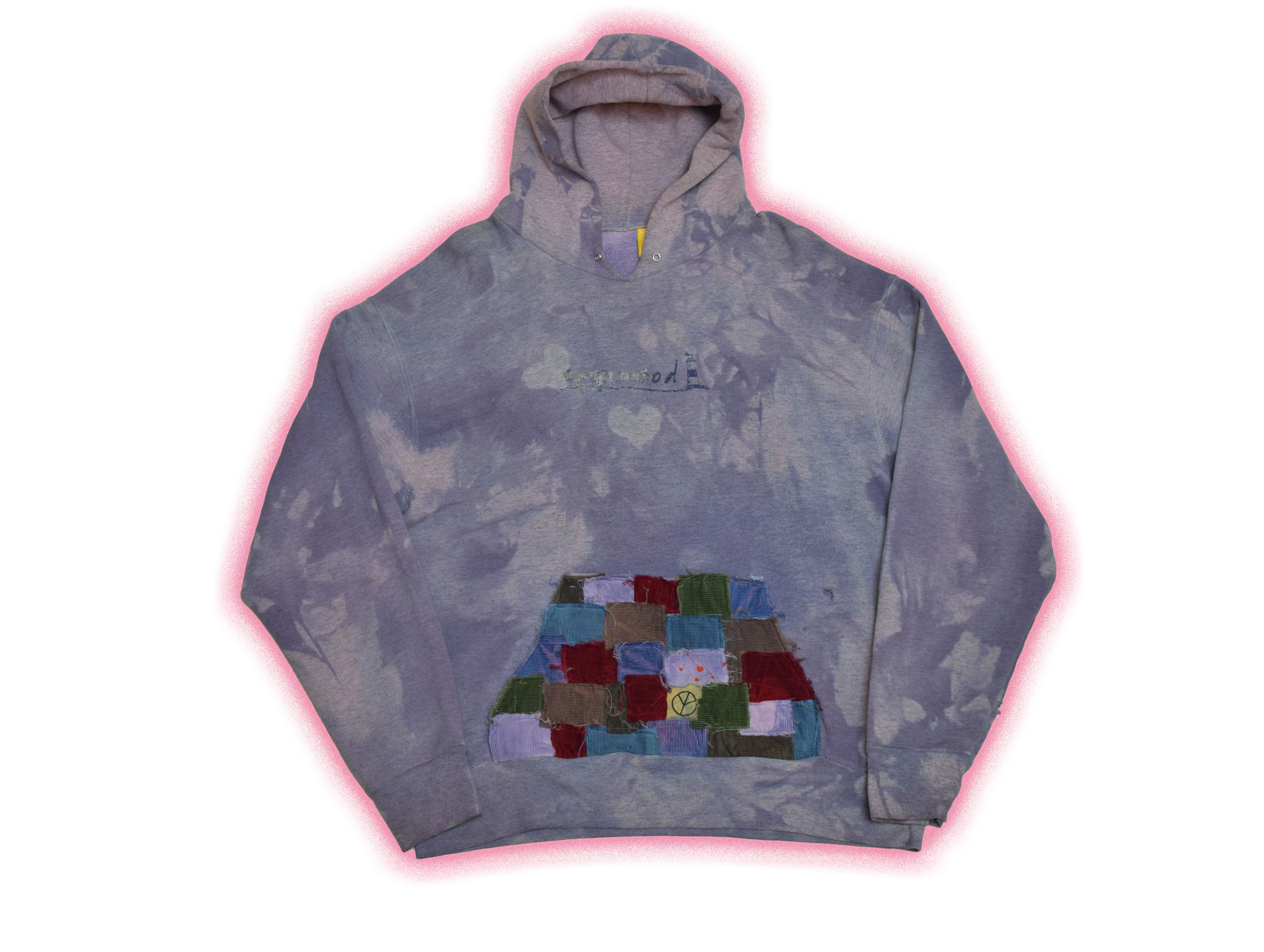 Gray hoodie with a colorful patchwork square and peace symbol on the front, and a small lighthouse graphic on the chest