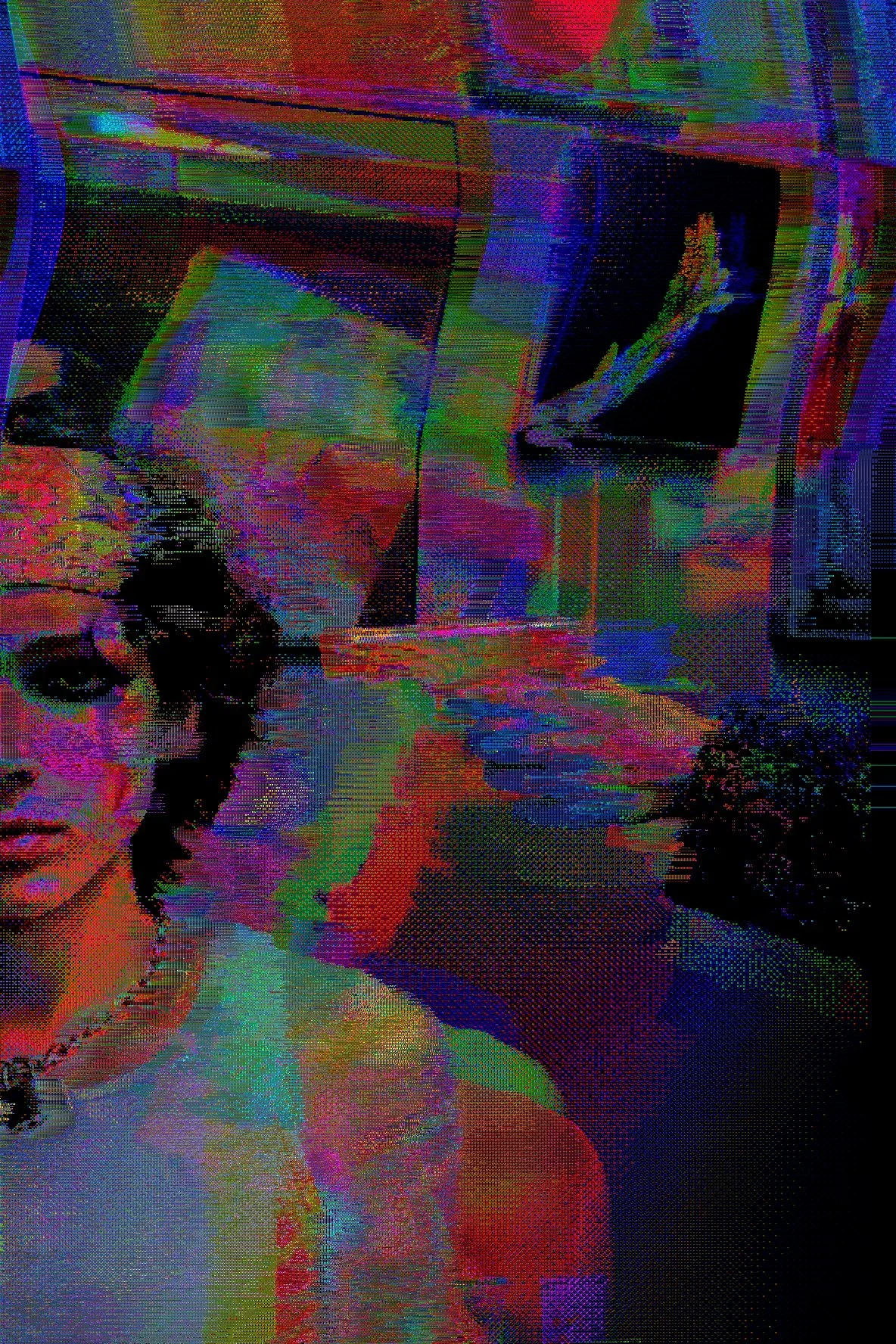 A woman with curly hair and sunglasses taking a selfie in a colorful, pixelated, and distorted digital art style.